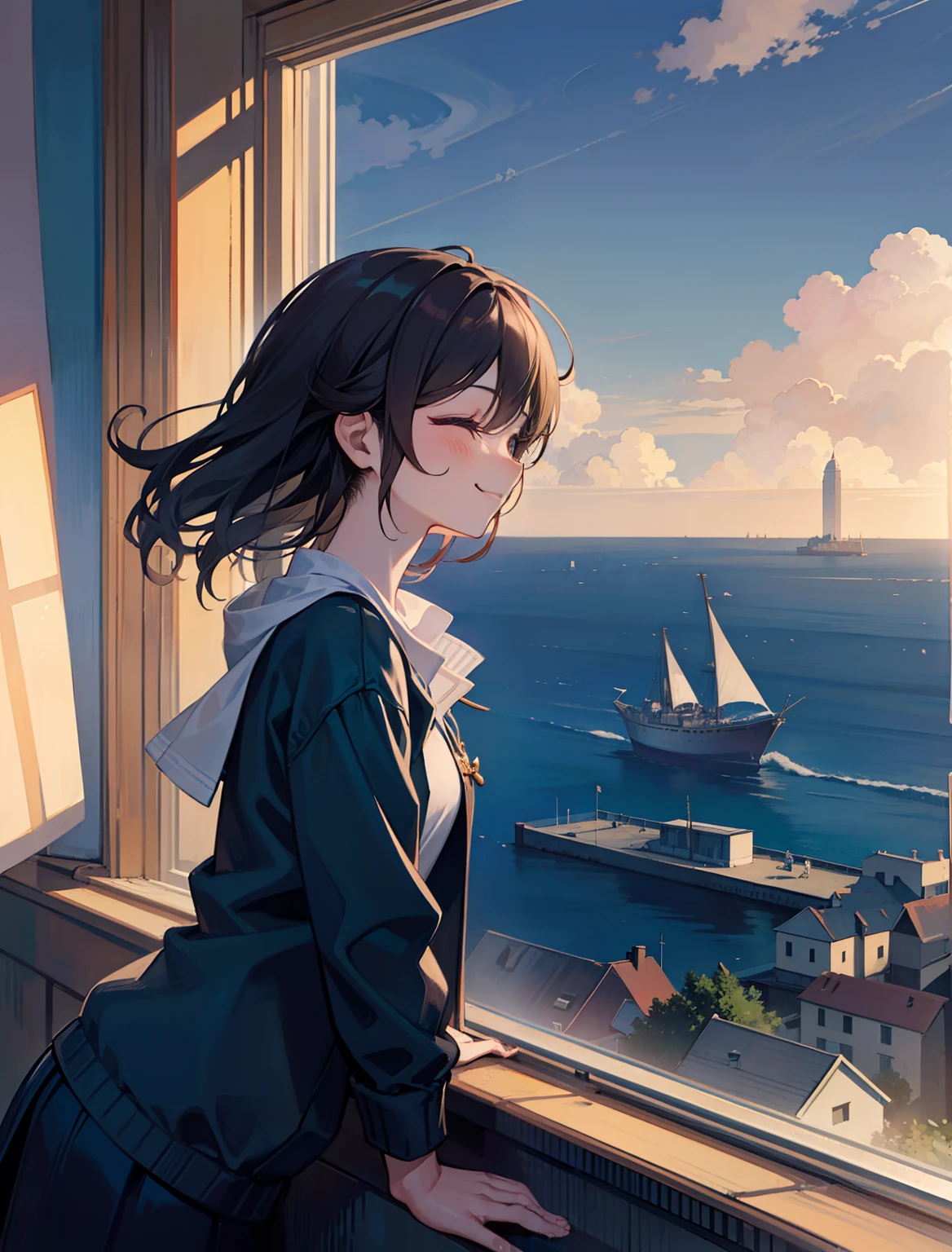 superfine illustration, Best Quality, Girl in an open window, Listen intently, Eyes closed, Smiling, Nostalgic atmosphere, Visible sea, European-style cityscape,European-style cityscape, The sound of the waves.