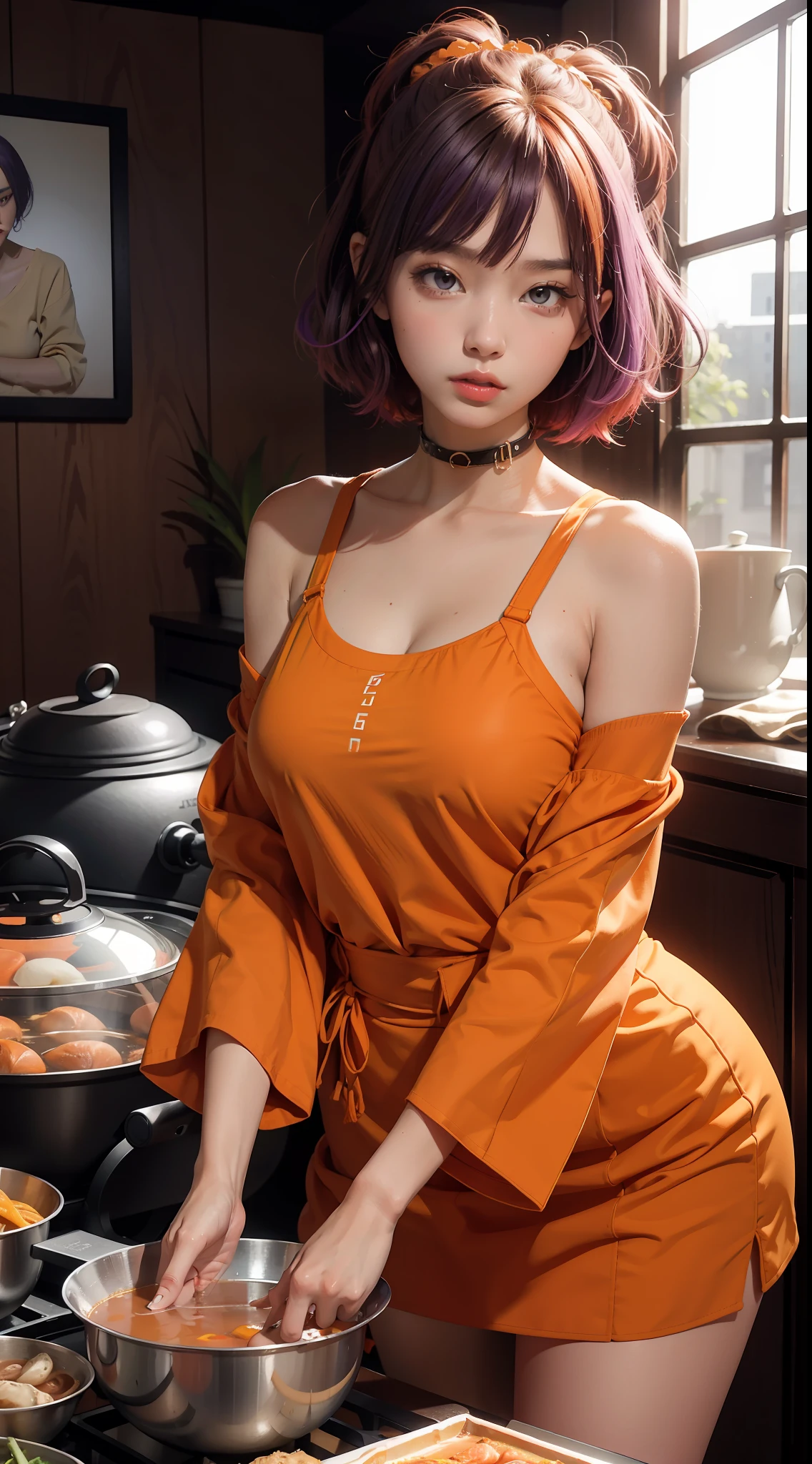 concept-art，Elevation viewing angle，Dressed in funny Somali dark orange Pinafort，Brunette is styled as short hair，fluorescent purple Hair tie，Equirectangular columnar 360，A high resolution，[（The art of Willie Baumeister：1.1），（John T.Biggs' art：1.2）：：17]，offcial art，Unity 8k壁纸，ultra - detailed，Aesthetics，tmasterpiece，best qualtiy，realisticlying，Whole-body localization，Maillard costume，orange top，Short orange and red skirts，Long legs，Two twin sisters，The two sisters sat face to face and ate hot pot，Hot pot restaurant scene，Eat Chinese hot pot，delicated face，Looks ladylike，20-year-old look，Eating posture