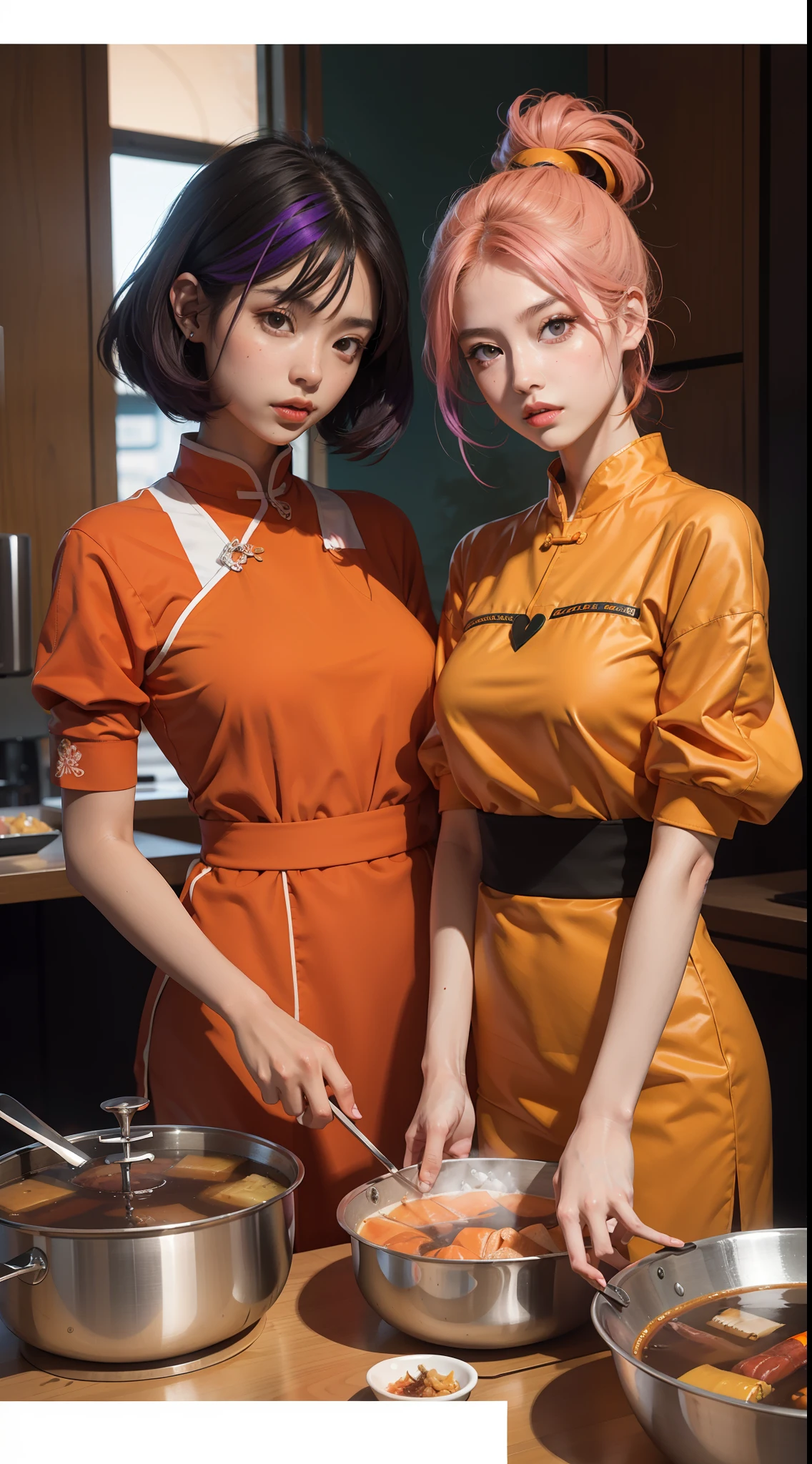 concept-art，Elevation viewing angle，Dressed in funny Somali dark orange Pinafort，Brunette is styled as short hair，fluorescent purple Hair tie，Equirectangular columnar 360，A high resolution，[（The art of Willie Baumeister：1.1），（John T.Biggs' art：1.2）：：17]，offcial art，Unity 8k壁纸，ultra - detailed，Aesthetics，tmasterpiece，best qualtiy，realisticlying，Whole-body localization，Maillard costume，orange top，Short orange and red skirts，Long legs，Two twin sisters，The two sisters sat face to face and ate hot pot，Hot pot restaurant scene，Eat Chinese hot pot，delicated face，Looks ladylike，20-year-old look，Eating posture