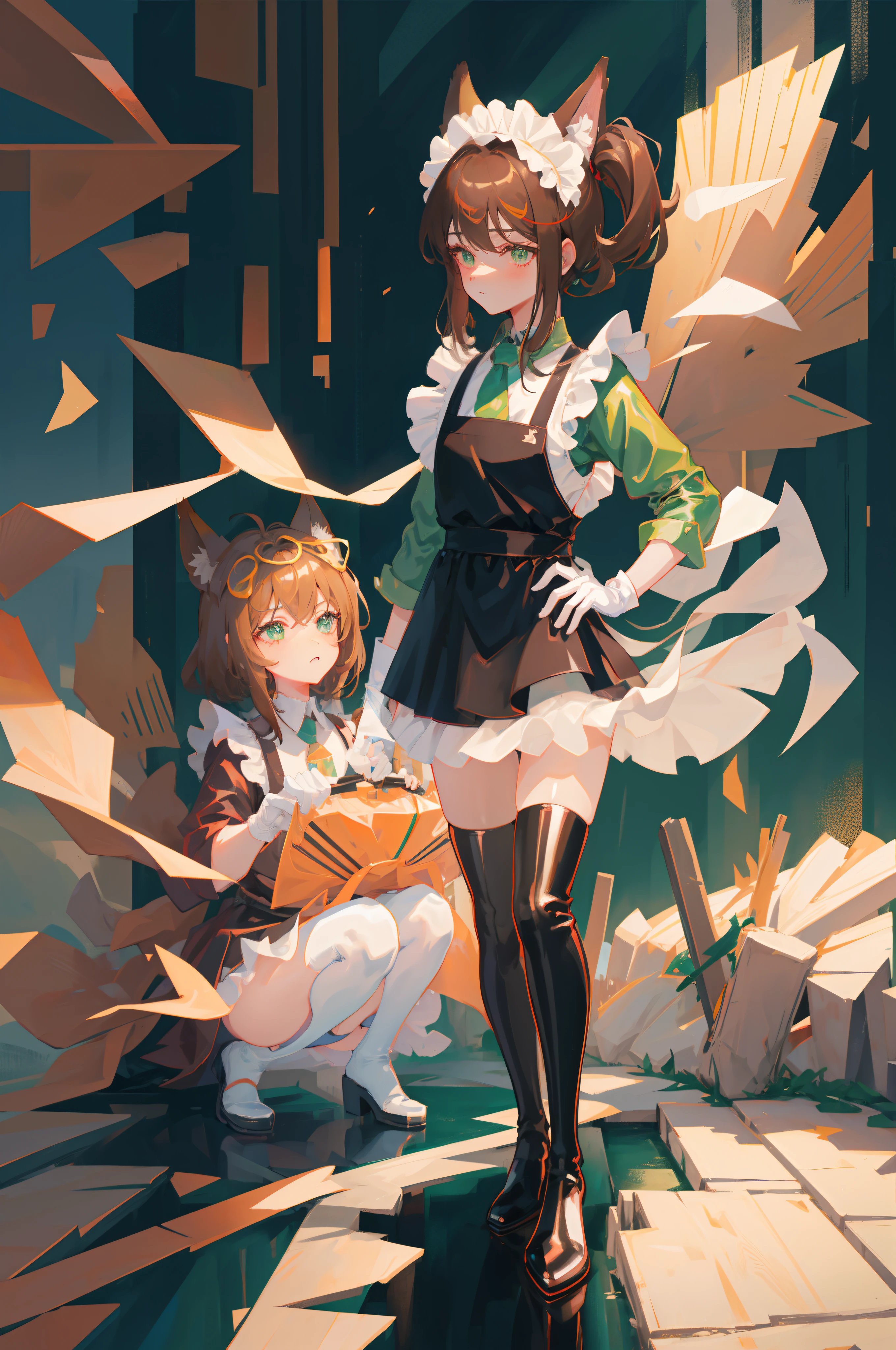1boy, girly boy, femboy, fox boy, fox ears, fox tail, flat chest, green eyes, dark brown hair, long hair, sexy, SFW, alluring, full body, nice ass, latex maid costume, latex mature, maid apron, maid headdress, covered chest, masterpiece, anatomically correct, ass focus, latex, latex maid dress, normal hands, normal fingers, good hands, good fingers, anime, latex gloves, latex thigh highs,
