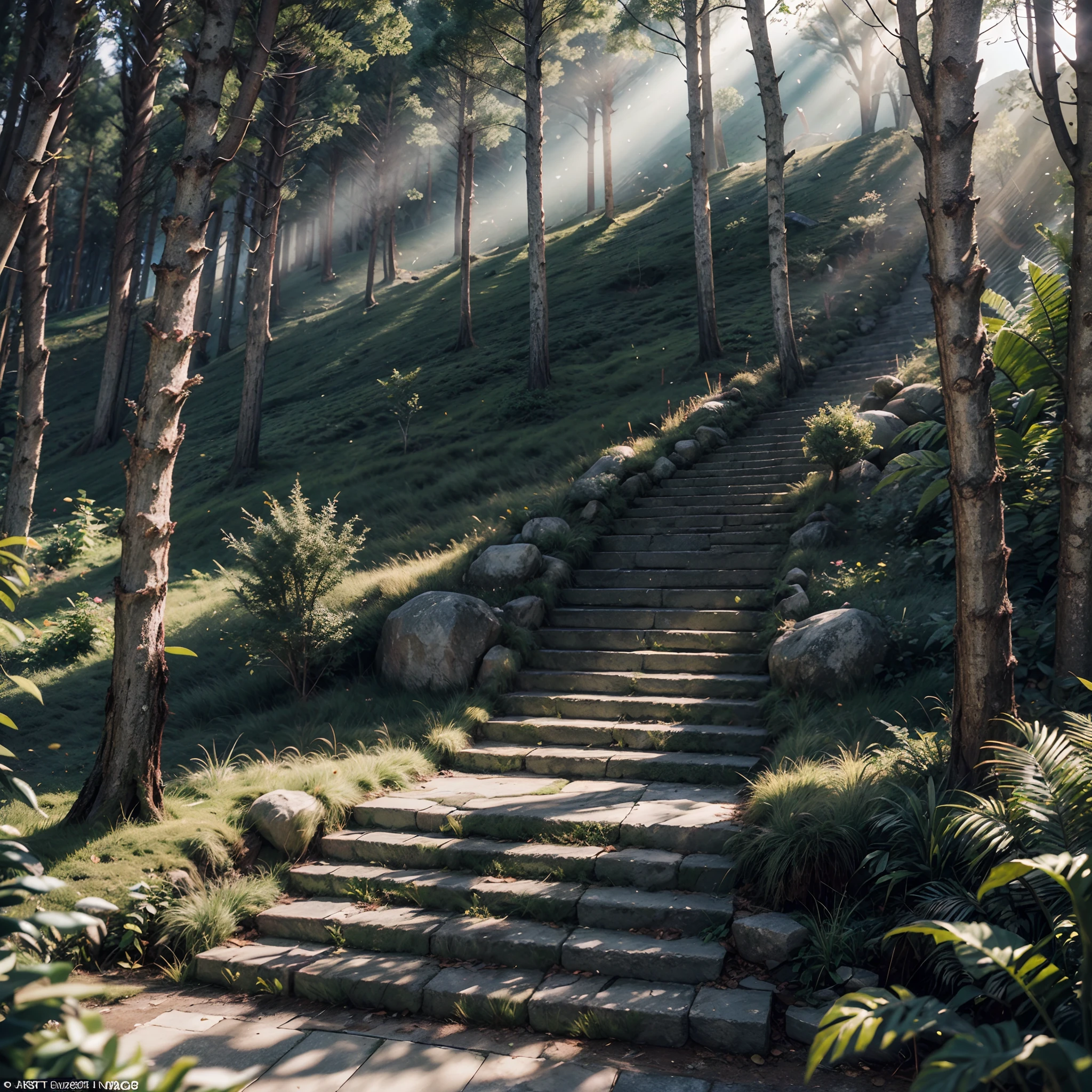 8k masterpiece, best quality:1.2, illustration depicting, Up the green slope, beneath the forest’s roof
With slow soft steps leaving the mountain’s steep And sought those inmost labyrinths motion-proof, subsurface-scattering, glow, bloom, Chromatic Aberration, Photorealistic, Sunlight, volumetric light, 3d render, Leonardo Style