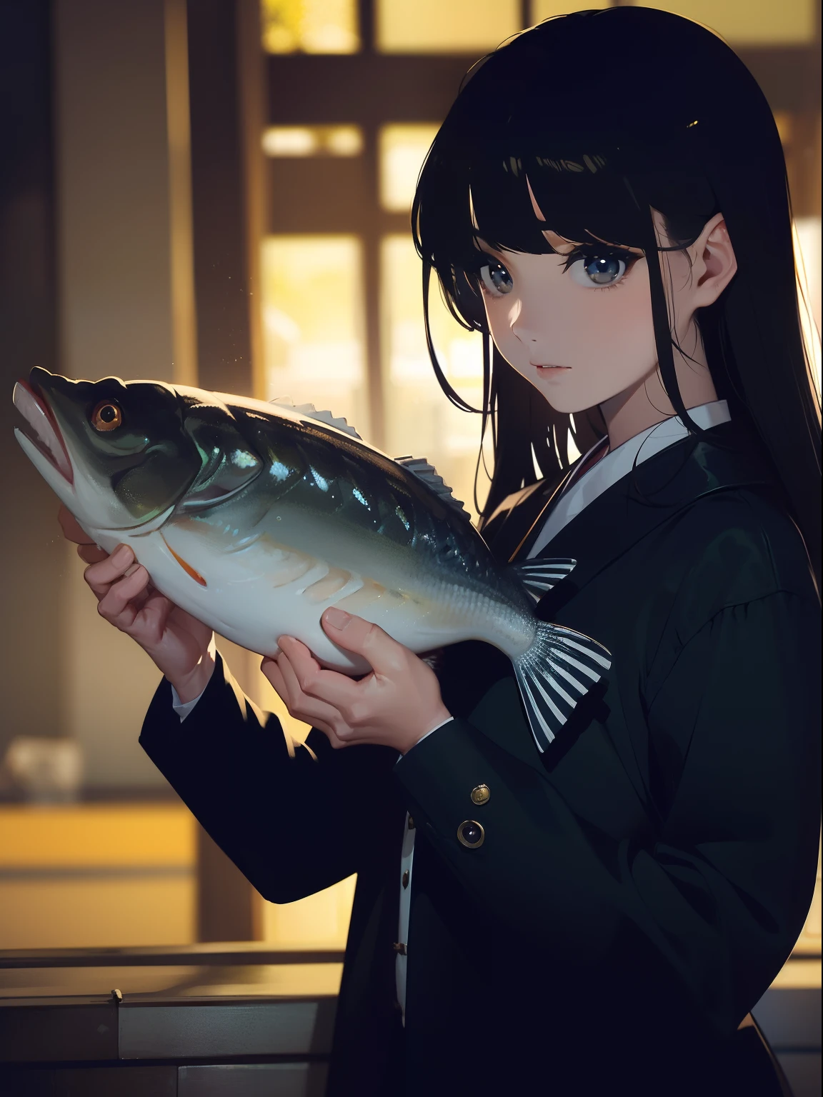 ((((Holding a big fish by the lakeside)))),((Best Quality, masutepiece :1.3)),((( Large Mouth Bass))),hight resolution,ultra-detailliert,Beauty and aesthetics,masterpiece,best qualtiy,(1 Japanese woman),Black hair, long eyeslashes, Solid Circle Eyes, deadpan, drop shadow, Atmospheric perspective,Super Detail, ccurate, small brest,(Black jacket :1.1),top-quality, absurderes:1.2, blurry backround, bokeh dof:1.2, a picture, (masterpiece:1.3), (intricate detailes:1.2), Atmospheric perspective,Super Detail, ccurate,