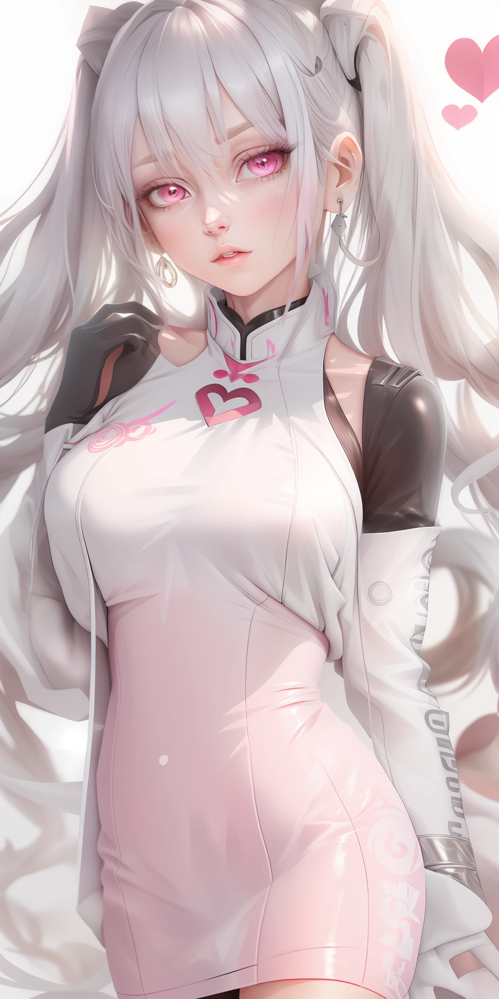 Silver hair, Hairline,, Pink eyes, Heart earrings, rough breath, Anime style,  8K, High details, High quality, Super detail，white stockings，Heads-up，Skinny ultra-short cheongsam，Panorama Figures