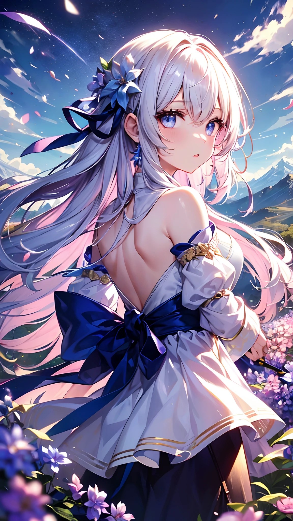 (((​masterpiece)))、(((top-quality)))、((ultra-detailliert))、(illustratio)、((extremely delicate and beautiful))、floating、Lilac hair、(beatiful detailed eyes)、(Detailed light) (1girl in)、独奏、The long-haired、The wind is blowing、A WORLD、In nature、A few flowers are blooming、mountain road、walking up a mountain、Rugged mountains、Labyrinth of nature、The deepest part of the labyrinth can be seen in the distance、（Rear view）、