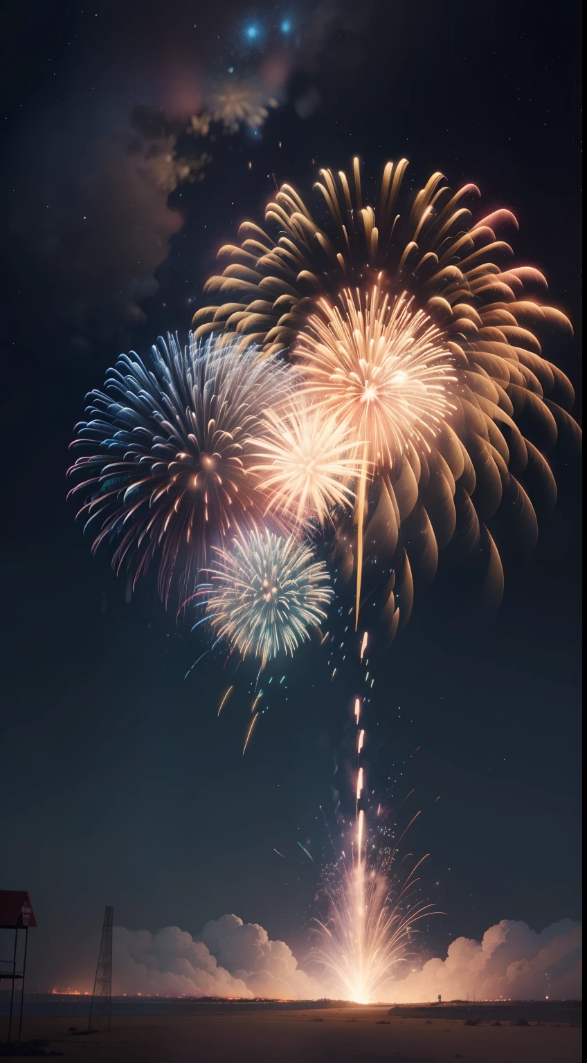 Fireworks in the night sky,Unmanned illustration,Sparks are sparkling,I see the stars,Neon lights are glowing,unmanned