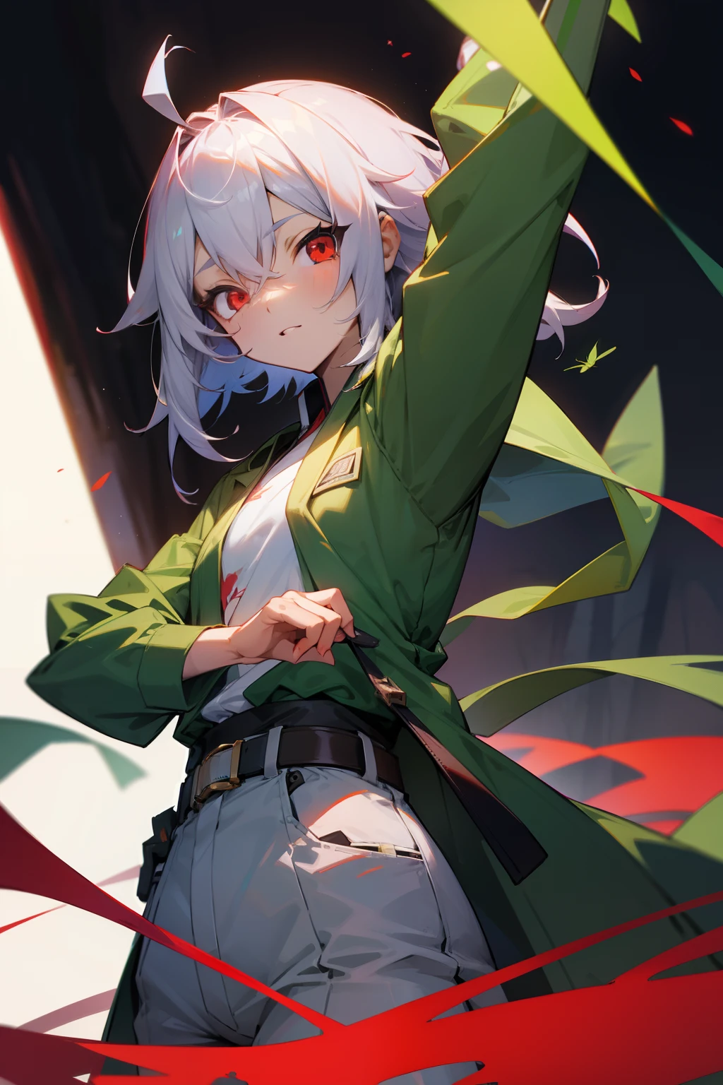 Grasshopper human、creature、Prominent belt、red eyes