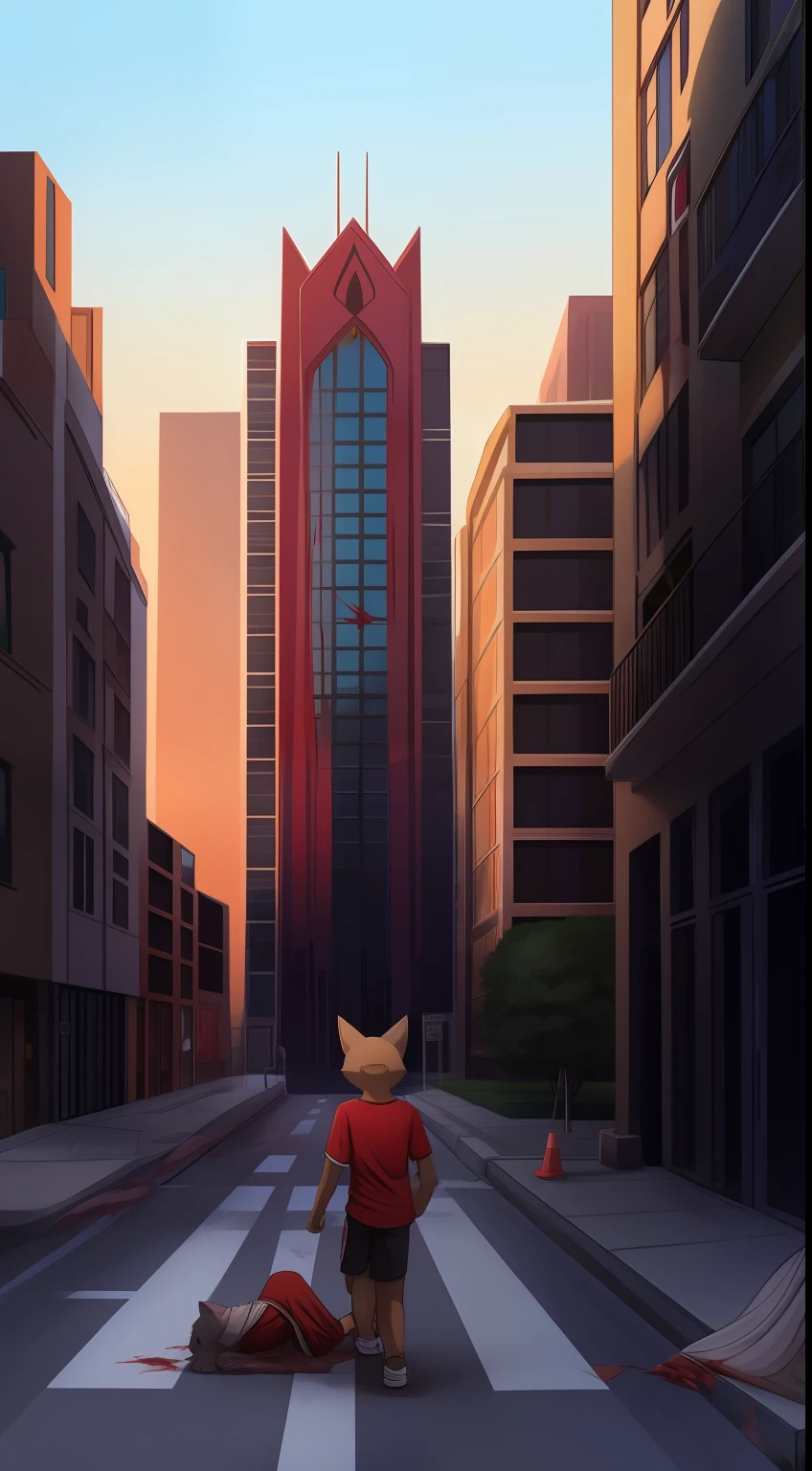 Walk on the sidewalk on the side of the road,Cat with red pattern,2.3m cat,Left arm injury,Furry art,Cover the wound,Massive hemorrhage,Fracture of the left arm,At noon,Tall building on the right,No clothes