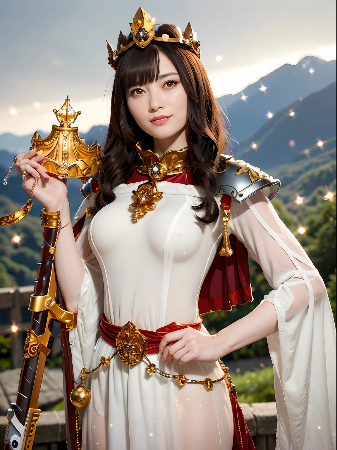 (masutepiece), Professional , masterpiece、top-quality、photos realistic , depth of fields (Gemstone Silver Metal Body:1.9),(Matte White、Particles of light、Jewel Gold Weapon(Jewel Metal Body:1.4),Gorgeous metal weapons , Detailed Sword of the Brave , Beautiful knife ,warhammer 40k , adepta sororitas,Detail and ornate jewel crown、Black hair、Gangle's forest background、Beautiful Caucasian beauty、1a person、dynamic ungle,(((Detailed and ornate diamond crown)))、Smaller head、A smile、sexypose、(Gorgeous castle background)、
