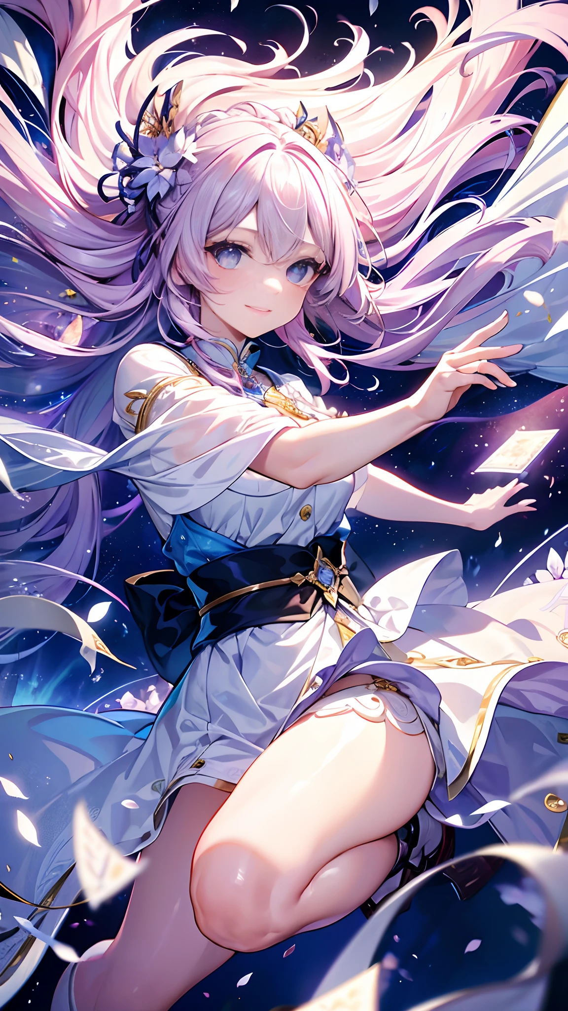 (((​masterpiece)))、(((top-quality)))、((ultra-detailliert))、(illustratio)、((extremely delicate and beautiful))、dynamic ungle、A smile、floating、Lilac hair、(beatiful detailed eyes)、(Detailed light) (1girl in)、独奏、floating_hair、radiant eyes、The long-haired、The wind is blowing、Adan、Tarot Cards、major arcana：A WORLD