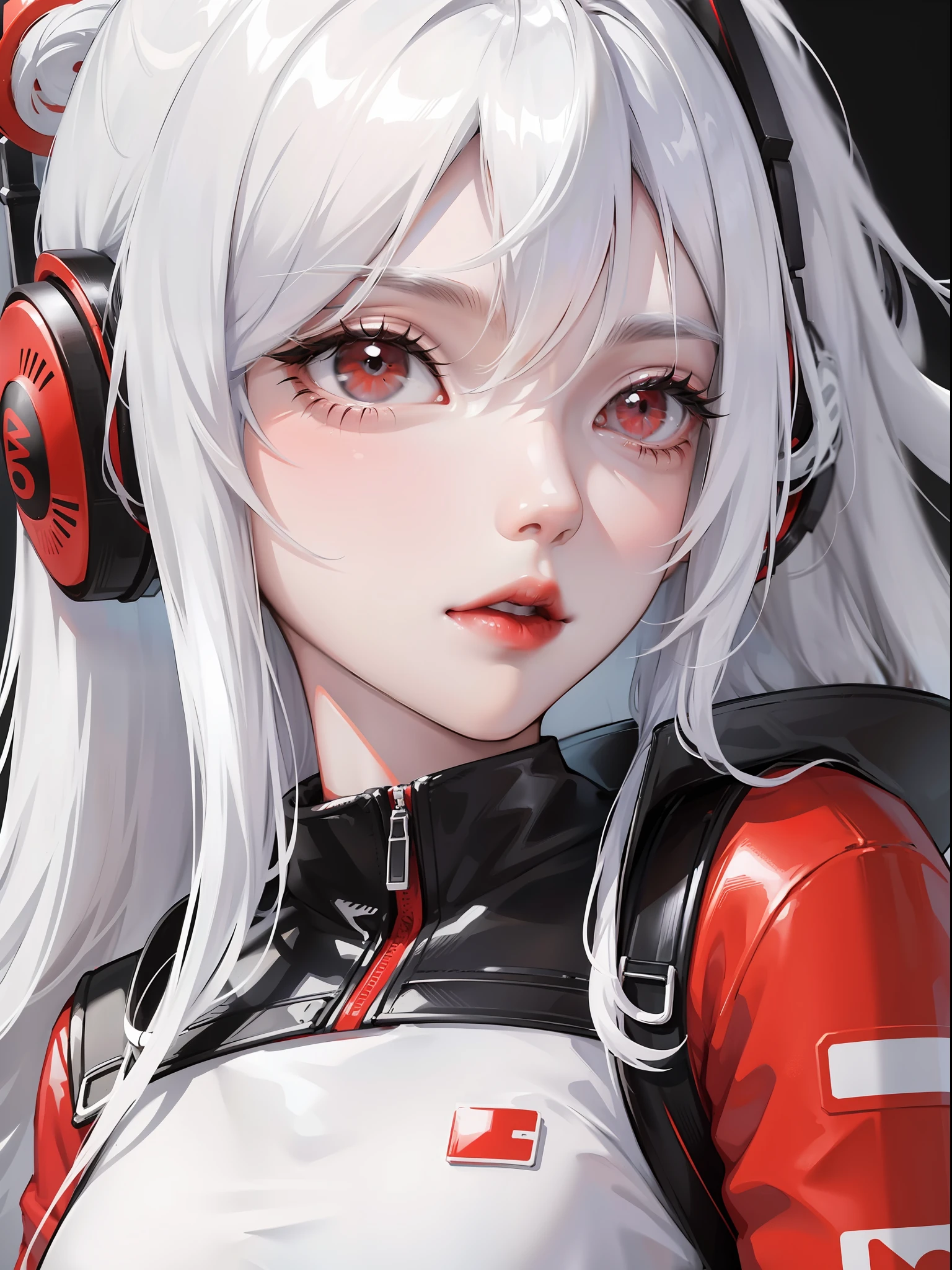 Close-up, anime girl, white hair, white eyes, black white and red techwear clothes, black white and red headphones