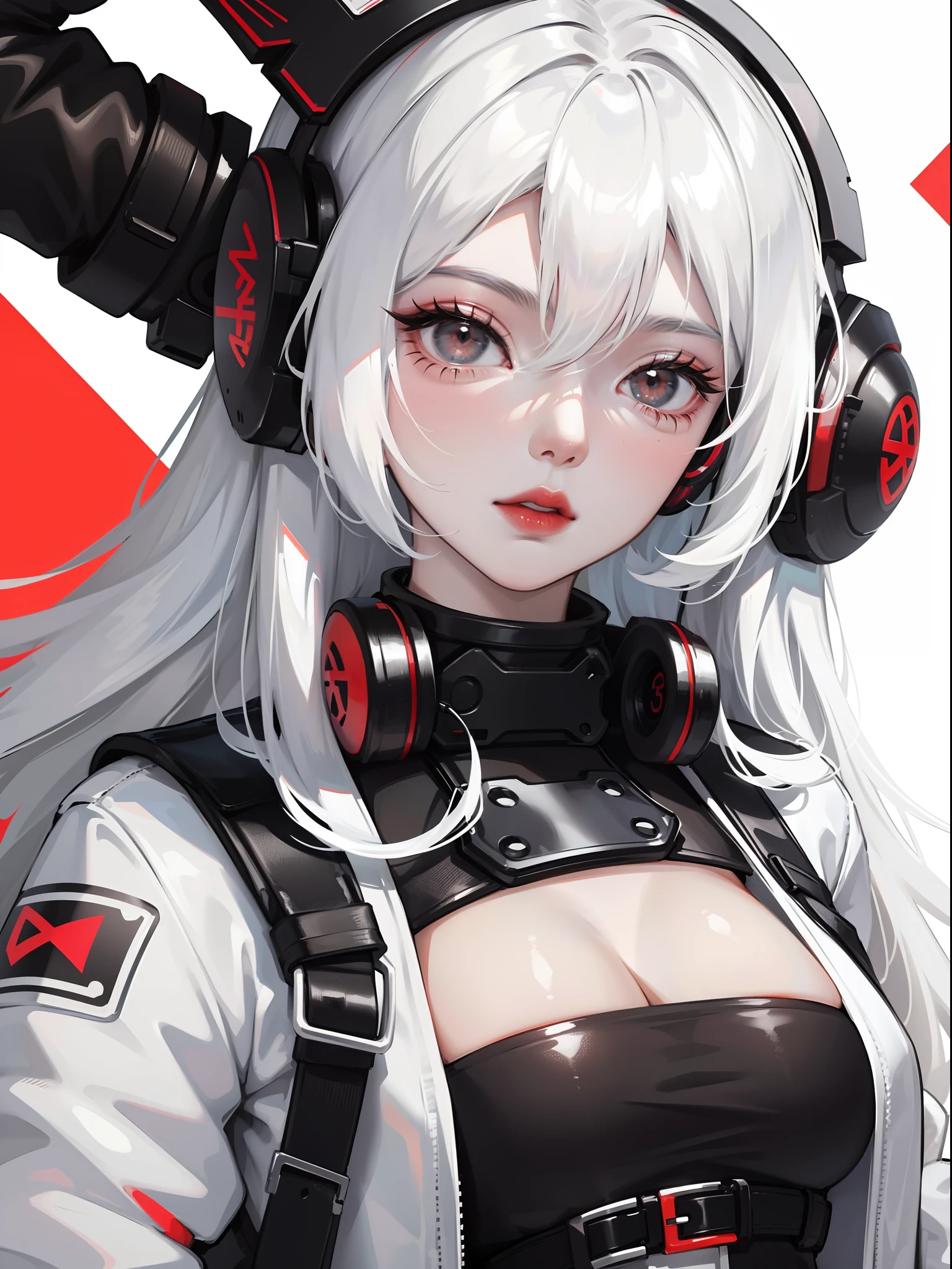 Close-up, anime girl, white hair, white eyes, black white and red techwear clothes, black white and red headphones