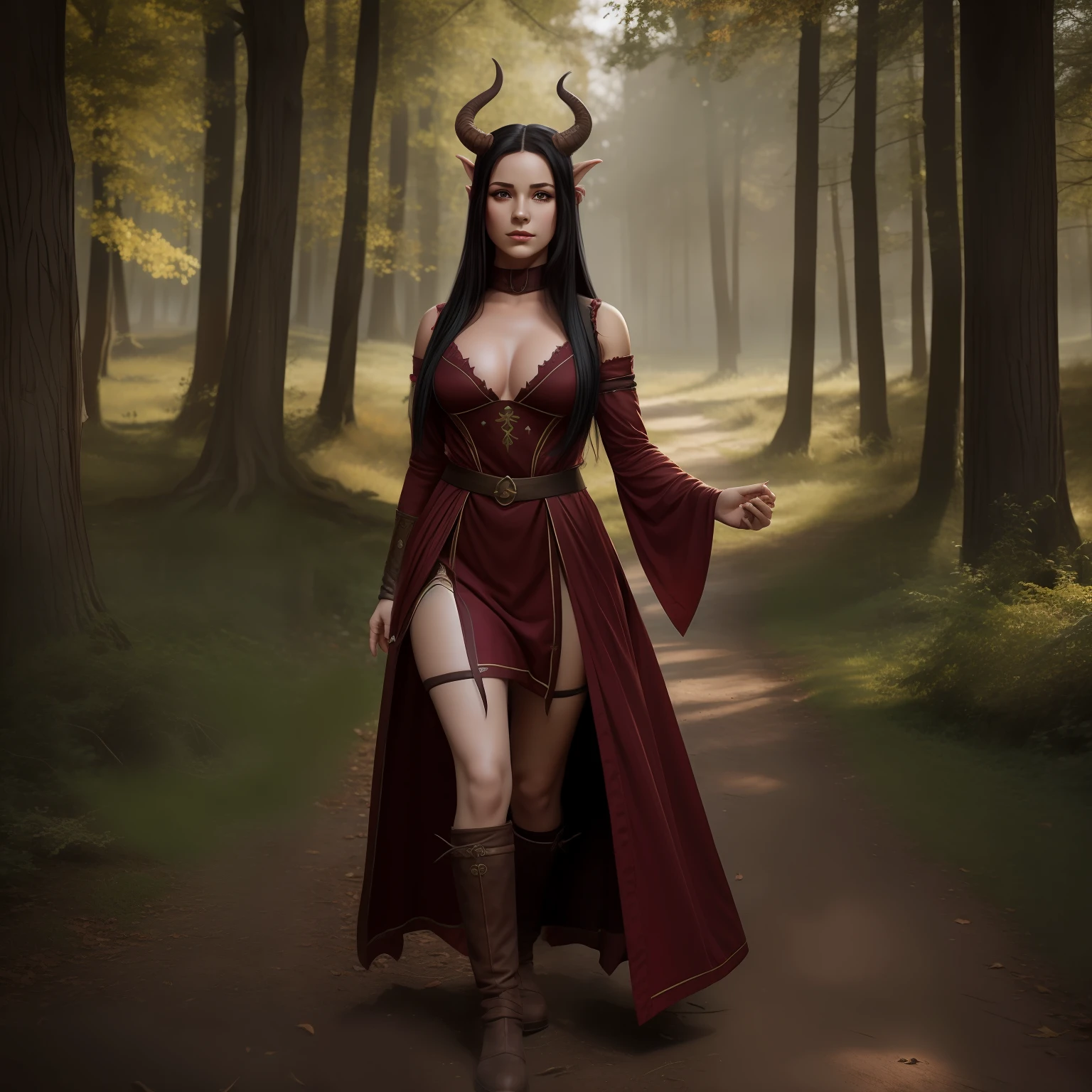 1girl, solo, tiefling woman, pretty face, red skin, 2 horns, small horns, long black hair, black eyes, medium breasts, full body, outside medieval house, forest, medieval clothing, beckoning