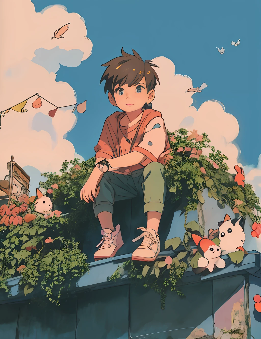 Anime boy sitting on steps，lovely art style，Loepfe Art Style，cute detailed digital art，animeaesthetic，cute anime，High Quality Anime Art Style，Anime boys，anime art style，Lovely detailed artwork，Soft anime illustration，lofi aesthetics，lofi art，lo fi，cute artwork，High-quality doujin art，illustrated anime，Black hair and blue eyes