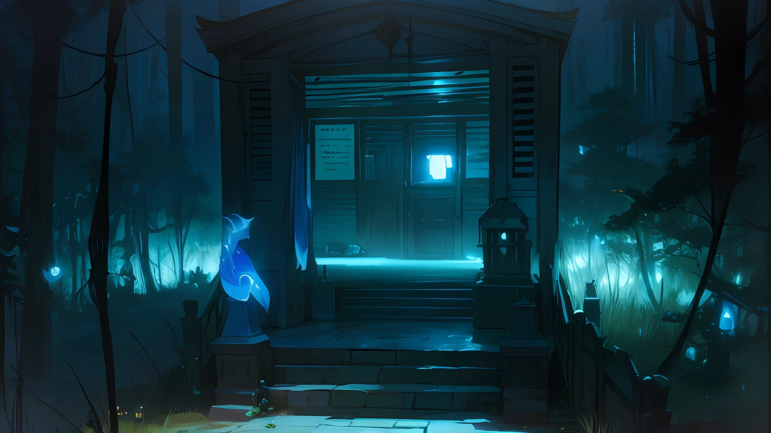 An anime scene with a man in blue stickman standing in the doorway, eerie nostalgic concept art, luminescent concept art, Stylized concept art, mysterious temple setting, cyberpunk japanese temple, eerie art style, with a creepy secret temple, Cyberpunk temple, indie game concept art, Dramatic lighting. concept-art, a still of an ethereal, secret overgrown temple