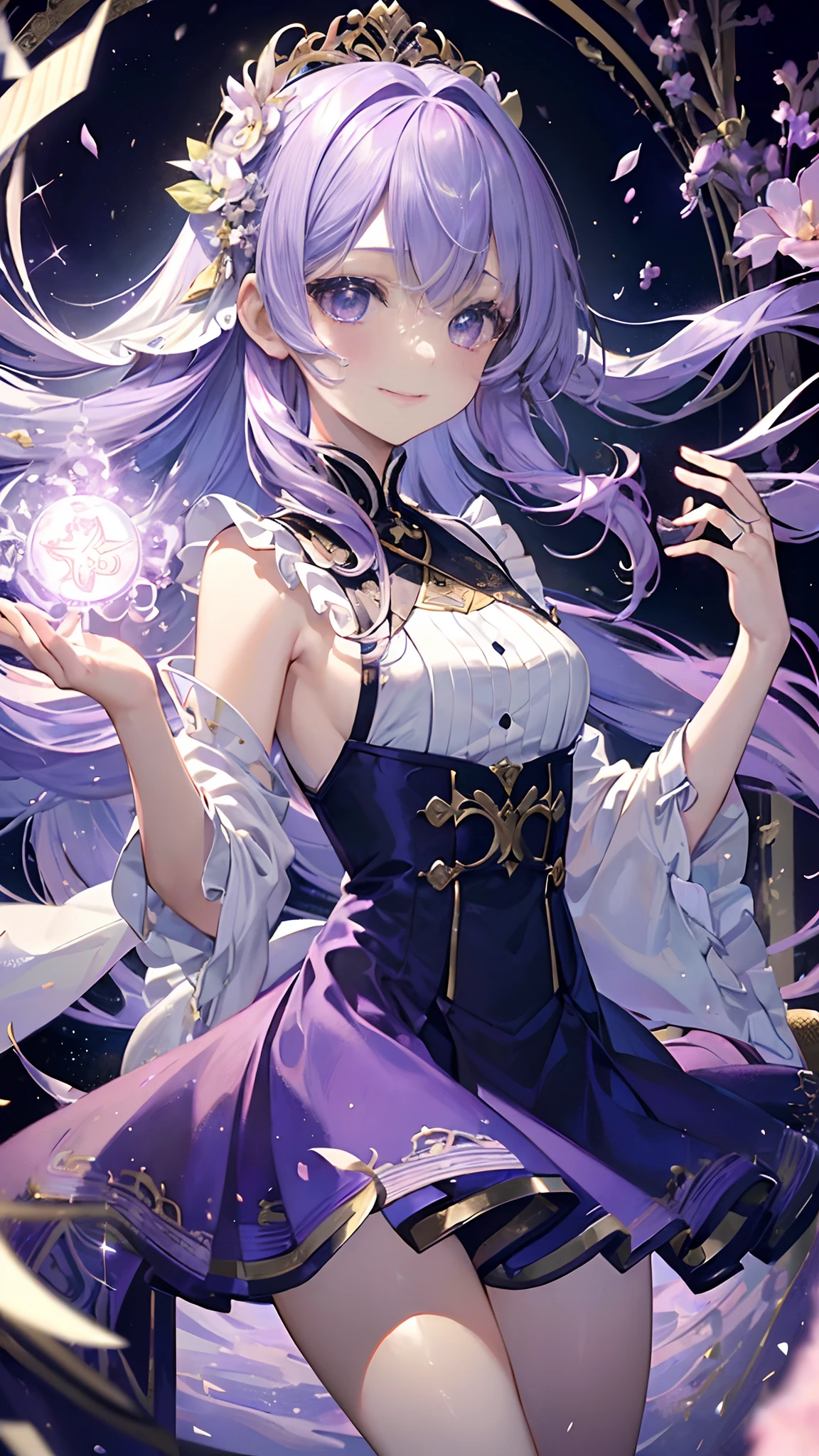 (((masterpiece)))、(((top-quality)))、((ultra-detailliert))、(illustratio)、((extremely delicate and beautiful))、dynamic ungle、A smile、floating、Light purple hair、(beatiful detailed eyes)、(Detailed light) (1girl in)、独奏、floating_hair、radiant eyes、Twin-tailed、Purple Holter Dress、Adan、Tarot Cards、major arcana