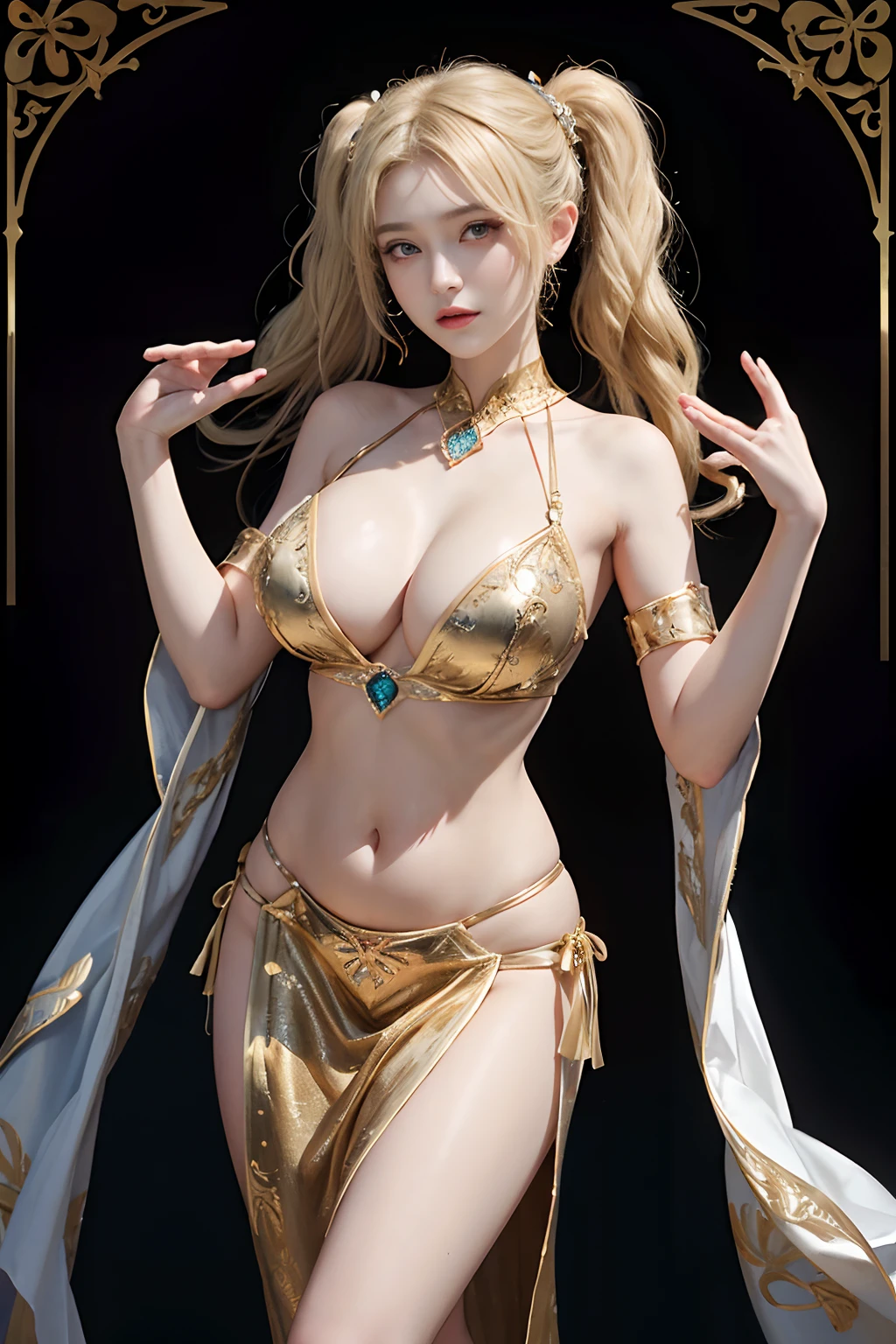 (Front Focus),(in the darkness nigth:1.6),Surrealist portraits of women by David Hockney and Alphonse Mucha,((arms crossed over the head))、((Royal Garden)),Fantasyart,((Blonde twin tail hair))、((Golden Dance Costume))、photographrealistic,动态照明,art stations,poster for,Volumetriclighting,extra detailed face,4 k'',((Colossal tits))、Beautifully embroidered award-winning golden lace sexy belly dance dress,With diamonds,Sexy thighs,Decorated with fine embroidered belly dance costumes and fine jewelry,exposing the abdomen ,Chest 1 Girl, In the Dark, deepshadow, low tune, Cowboy Shot,(official clothing:1.4), The eyes are confused and seductive,legs separated