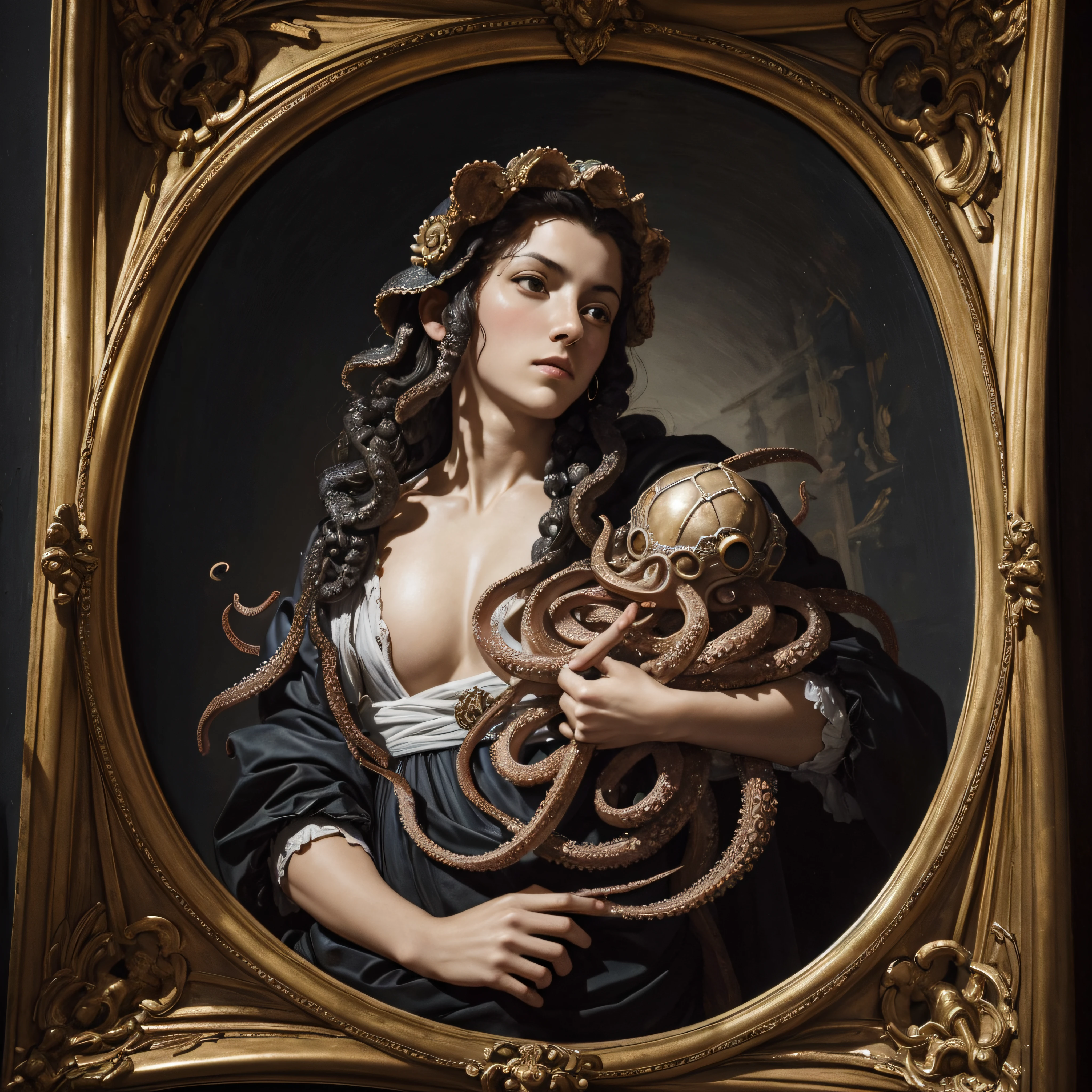 (extremadamente detallado, obra maestra, La mejor calidad), Estilo oscuro, intense illumination. templario. armadura medieval, rostro con arrugas, lengua larga, tentacle, deforme, imagen submarina, pico de pulpo amenazante. manchas de tinta. Rococo composition. Luz de caravaggio