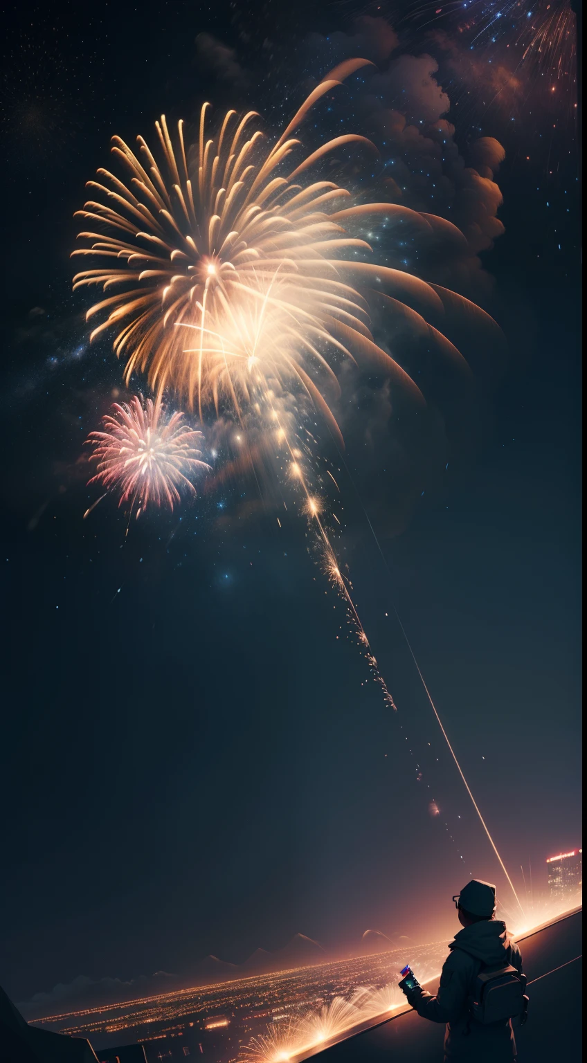 Fireworks in the night sky,Unmanned illustration,Sparks are sparkling,I see the stars,Neon lights are glowing,unmanned,nighttime scene