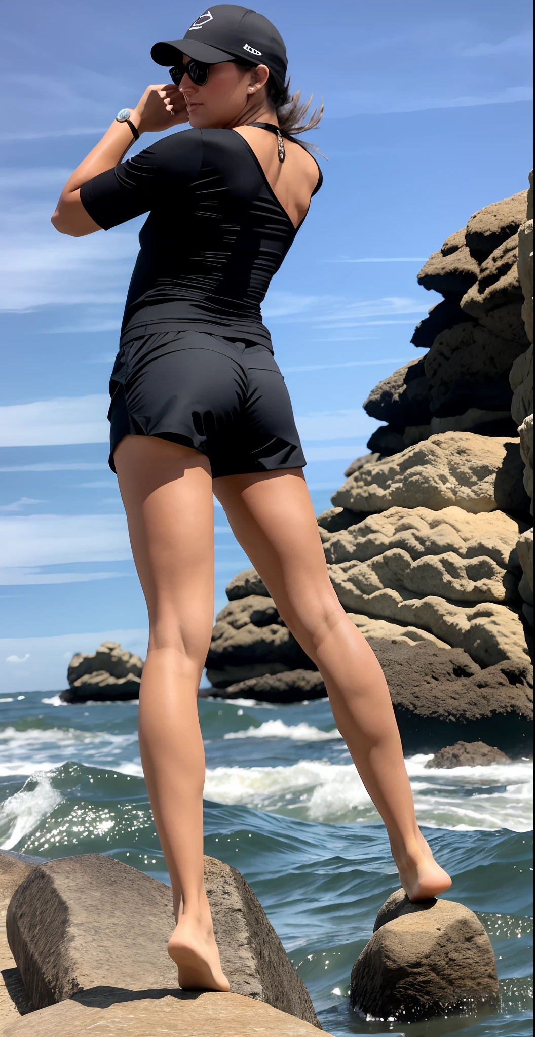 Araffe beautiful woman in black shorts and black top standing on the rock by the water, Back from Toned, Propriedade tonificada, Boa propriedade, Invested Estate, cintura fina, coxas expostas!!!, coxas!!!! gorgeous, coxas!!!!! gorgeous, bons quadris e pernas longas, coxas expostas, coxas!!!!!!, coxas!!!, coxas, coxas nuas!!!, tiro longo de costas, regata preta apertada e shorts, roupa apertada, Bermudas, em frente a uma montanha