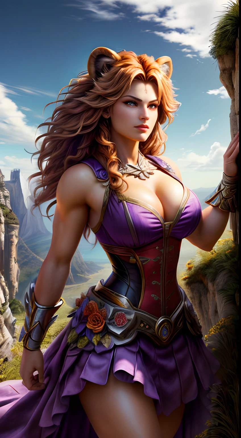 muscle, female, (lion head:1.0), furry, big breasts, dressed as a princess standing on a cliff with flowers behind her, clouds in the sky, photo, realism, cgi, (fighting pose:1.2), tekken, eye glow, red hair, (baki:1.2), purple eye, teeth, (steam:1.0), high detail, castle, masterpiece, (HDR)(wallpaper)(movie lighting)(sharp focus), masterpiece, best quality, (extremely detailed CG unity 8k wallpaper), (best quality), beautiful face, high res