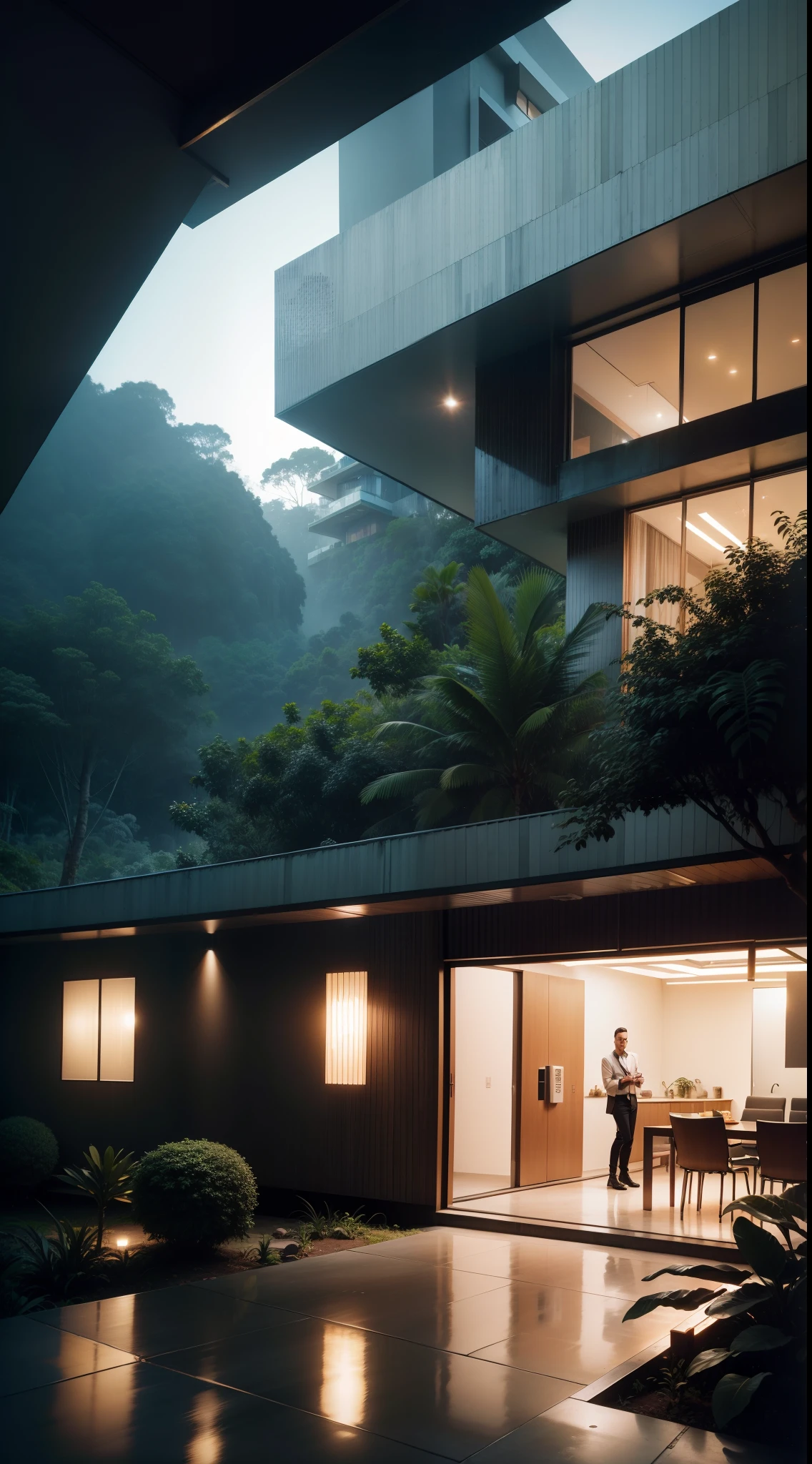 Hyper realistic exterior photo at eye level of a futuristic style house overlooking the jungle, luz do dia, Indirect lighting, Revista AD, Franca Lloyd, Eames, Mies van der Rohe