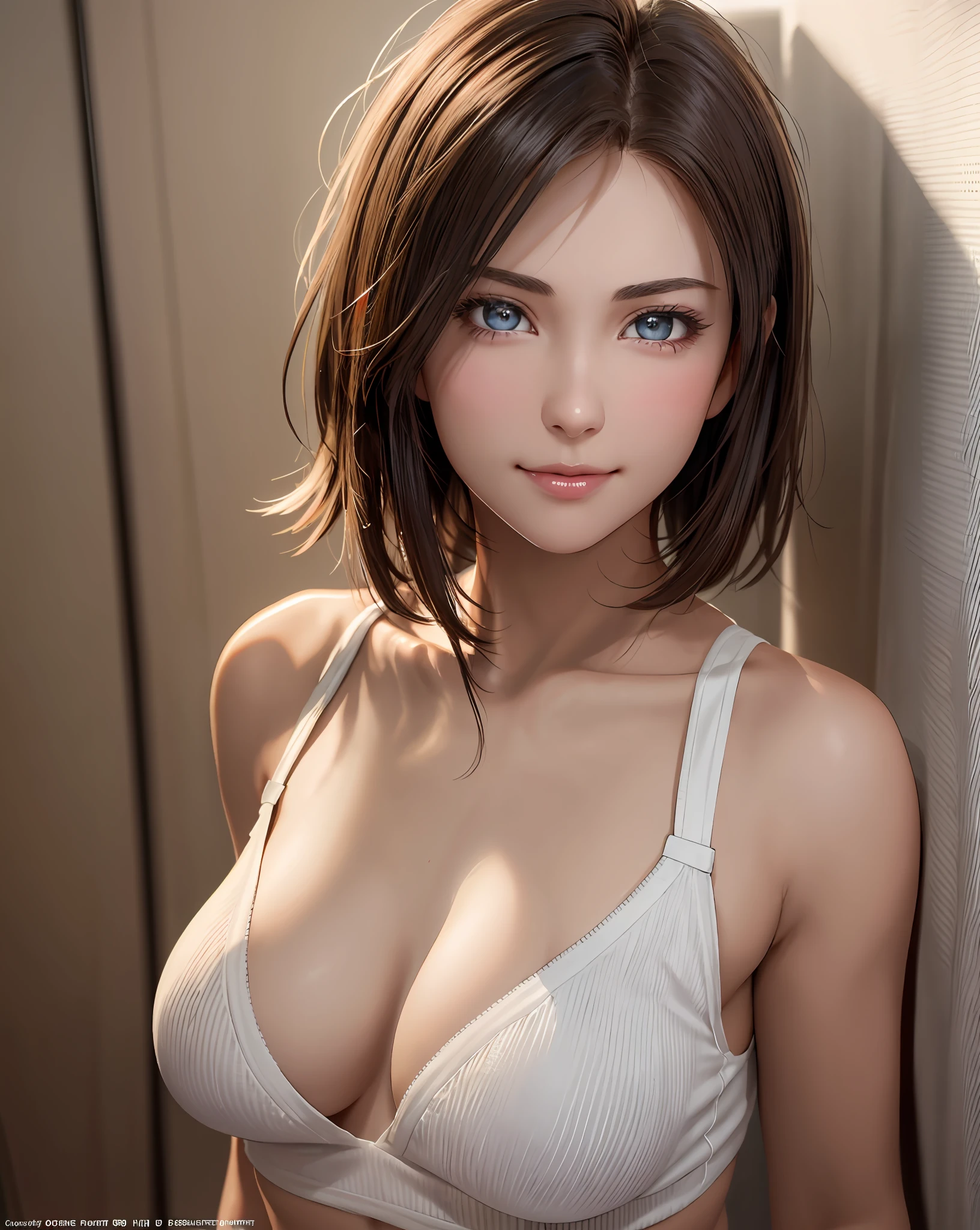 Best Quality, Ultra High Resolution, (Photorealistic: 1.4), Beautiful Eyes, Super Beautiful, Very Short Hair, Beautiful, Sweetheart, T-shirt with Rough Chest, Beautiful Soldier, Eyes That Invite Viewer, Lover's Perspective, Inviting Expression, Sexy Smile, Perfect Style, Perfect Balance, Detailed Skin, Naughty Gaze, Chest Visible