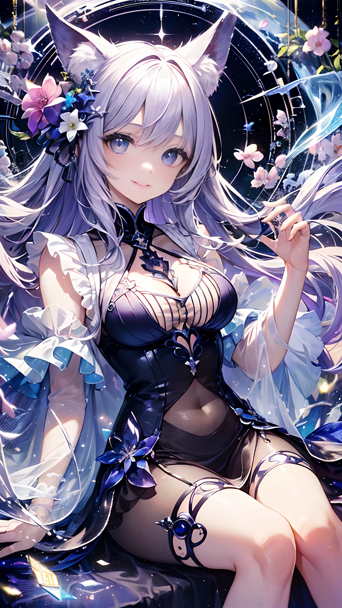 (((masterpiece)))、(((top-quality)))、((ultra-detailliert))、(illustratio)、((extremely delicate and beautiful))、dynamic ungle、A smile、floating、Light purple hair、(beatiful detailed eyes)、(Detailed light) (1girl in)、独奏、floating_hair、radiant eyes、Twin-tailed、Purple Holter Dress、Adan、Tarot Cards、an legs