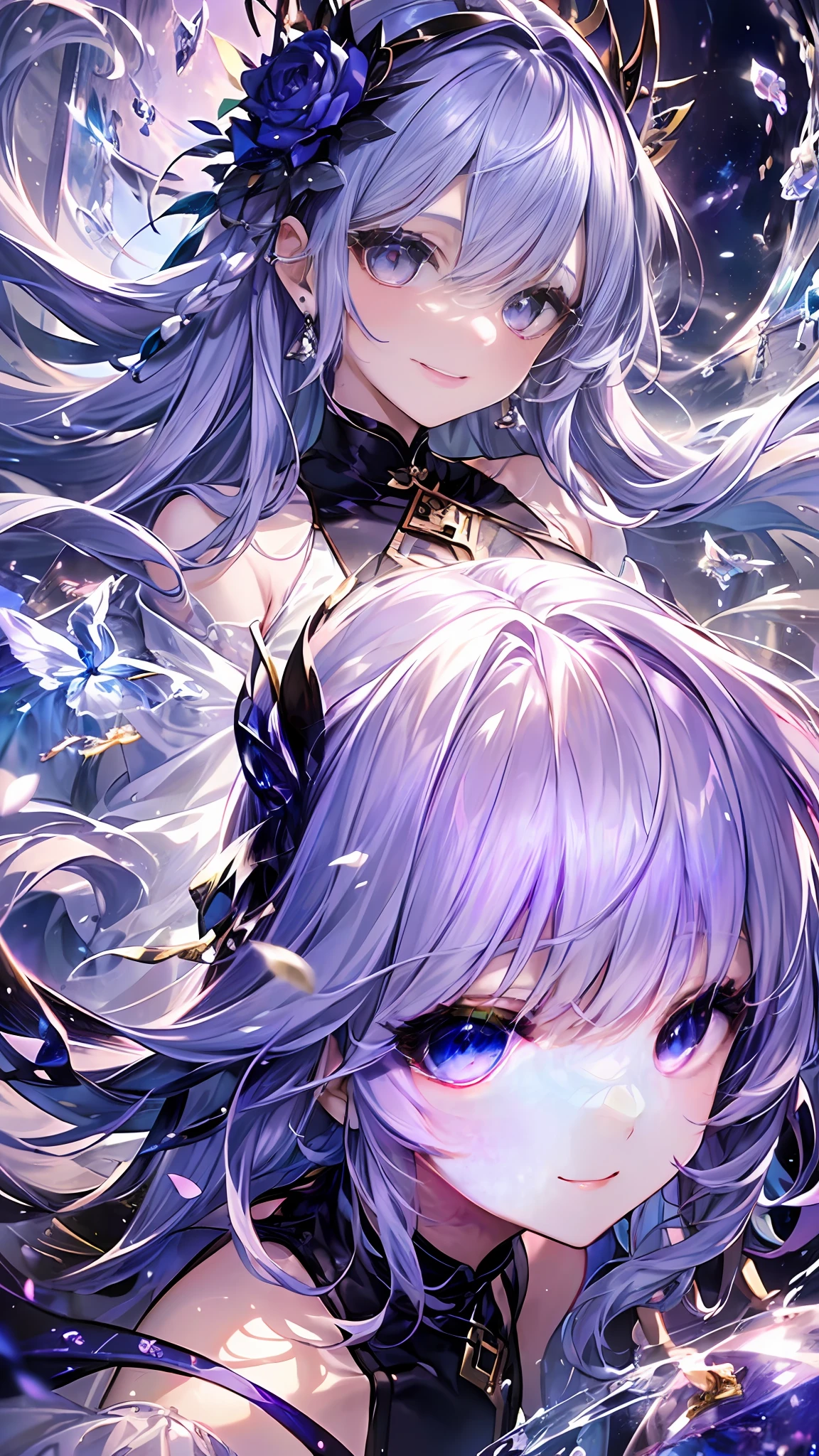 (((​masterpiece)))、(((top-quality)))、((ultra-detailliert))、(illustratio)、((extremely delicate and beautiful))、dynamic ungle、A smile、floating、Light purple hair、(beatiful detailed eyes)、(Detailed light) (1girl in)、独奏、floating_hair、radiant eyes、Twin-tailed、Purple Holter Dress、Adan、Tarot Cards、an legs