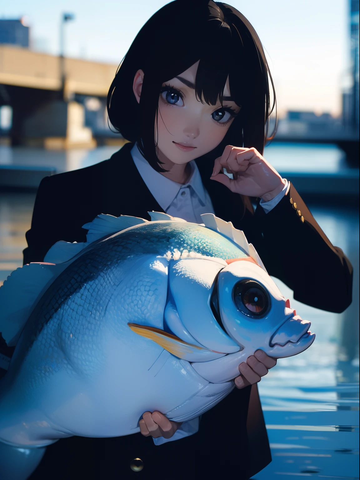 ((((Holding a big fish by the lakeside)))),((Best Quality, masutepiece :1.3)),((( Large Mouth Bass))),hight resolution,ultra-detailliert,Beauty and aesthetics,masterpiece,best qualtiy,(1 Japanese woman),Black hair, long eyeslashes, Solid Circle Eyes, deadpan, drop shadow, Atmospheric perspective,Super Detail, ccurate, small brest,(Black jacket :1.1),top-quality, absurderes:1.2, blurry backround, bokeh dof:1.2, a picture, (masterpiece:1.3), (intricate detailes:1.2), Atmospheric perspective,Super Detail, ccurate,