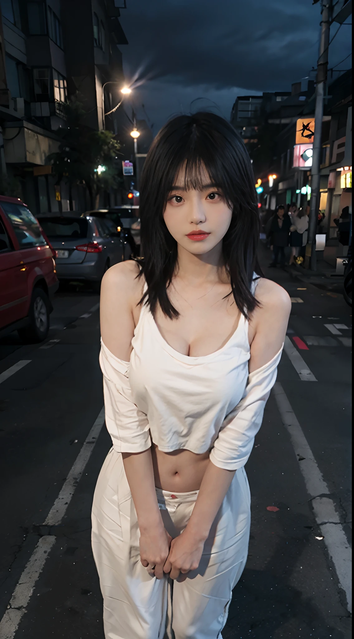 best qualtiy， 超高分辨率， Oversized breasts，（realisticlying：1.4），2 girls ，Tattoo of the lower abdomen，Focus:1.2, perfect figure beautiful woman:1.4 ,big breasts exposed cleavage，(Streets at night:1.3), Highly detailed facial and skin texture, head straight-looking at viewer，A detailed eye, 二重まぶた，Red lips，eye shadows，Whiten skin，(Air bangs:1.3),)，Belly tattoo，Oversized bust，Full body like，Thighs exposed，Tattoo of the lower abdomen，Stand up，stand posture，Raised sexy，Flame it up