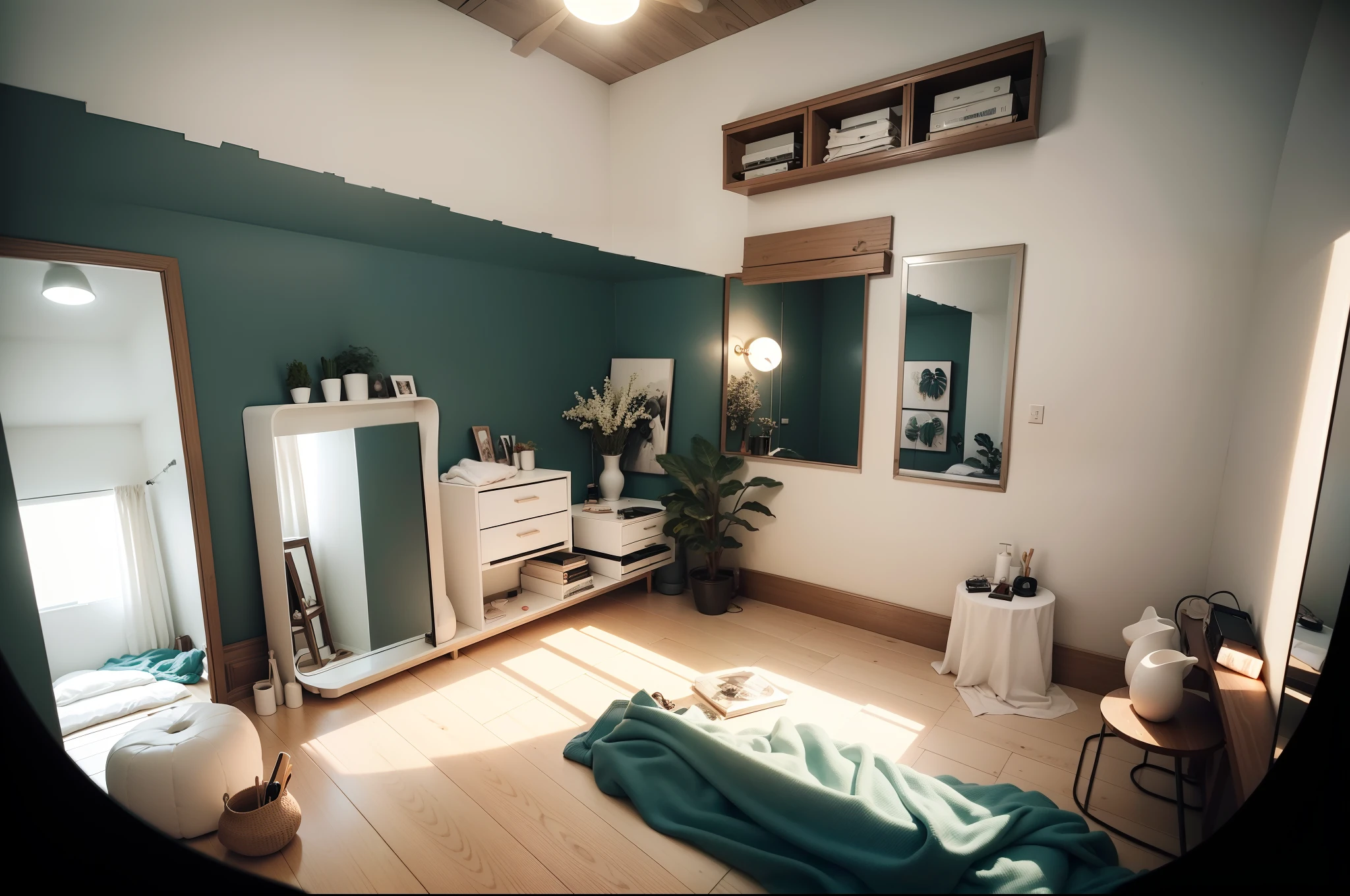 Please remove complex things from lower part of this bedroom, only add a big white wardrobe and less decorations, white colour theme, please also make a coner for yoga time,a tall mirror will pace beside bed (upper part of room I mean ), don't put too much things, I want a need and tidy room for our couple.