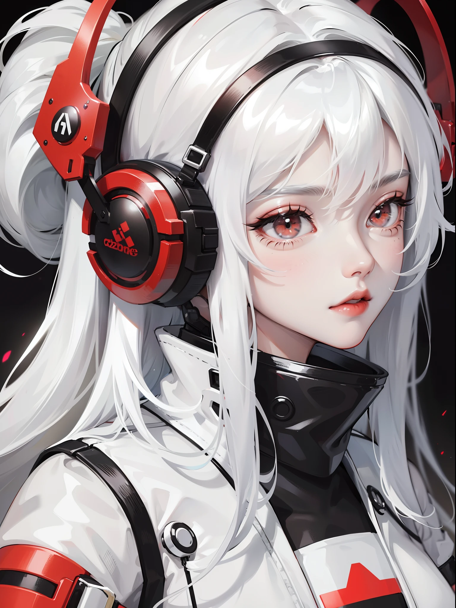 Close-up, anime girl, white hair, white eyes, black white and red techwear clothes, black white and red headphones