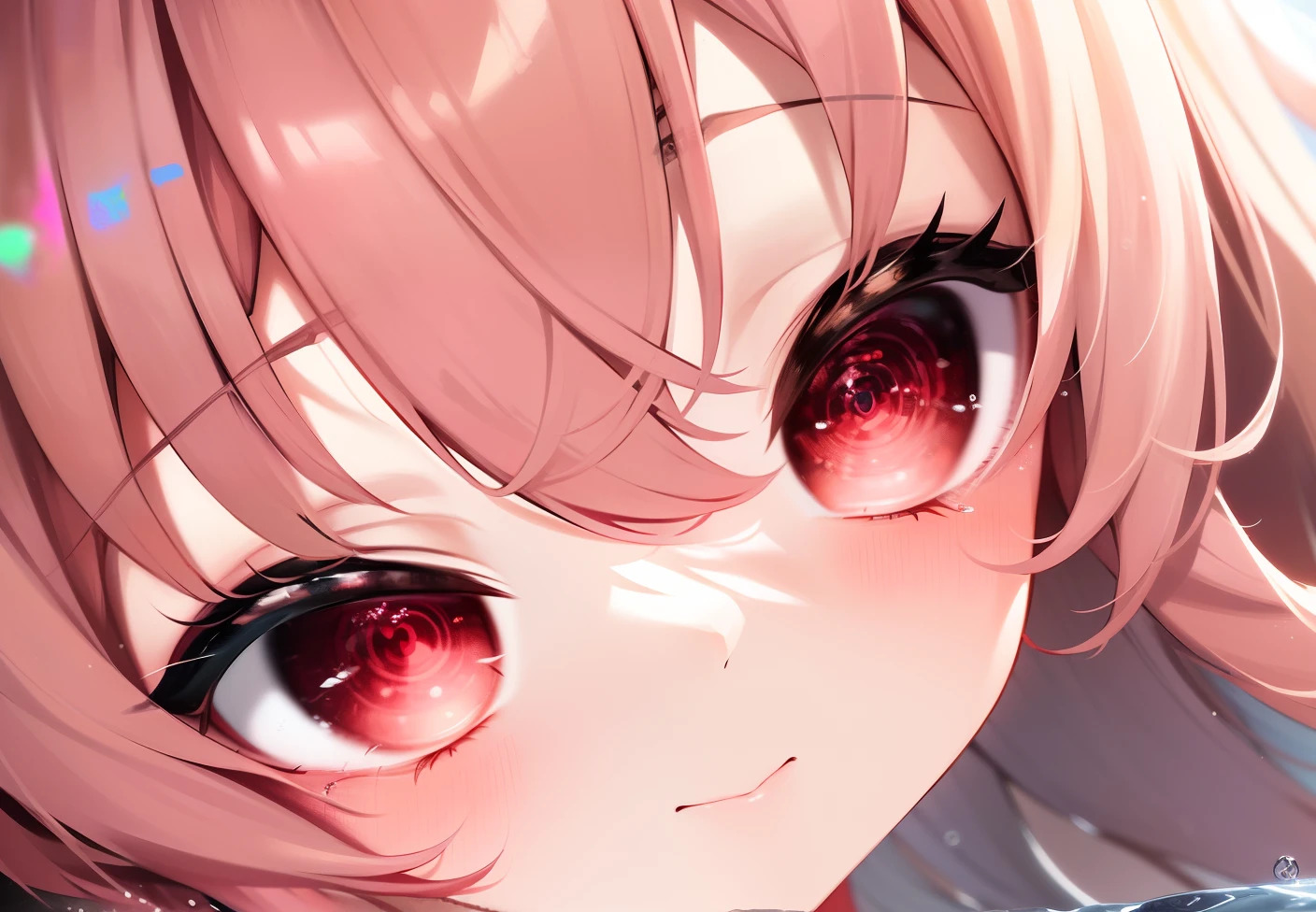 8k, masterpiiece, high quality, portrait of (very cute young girl, big anime red  eyes, (water in eyes), dress. soft light, light particles)