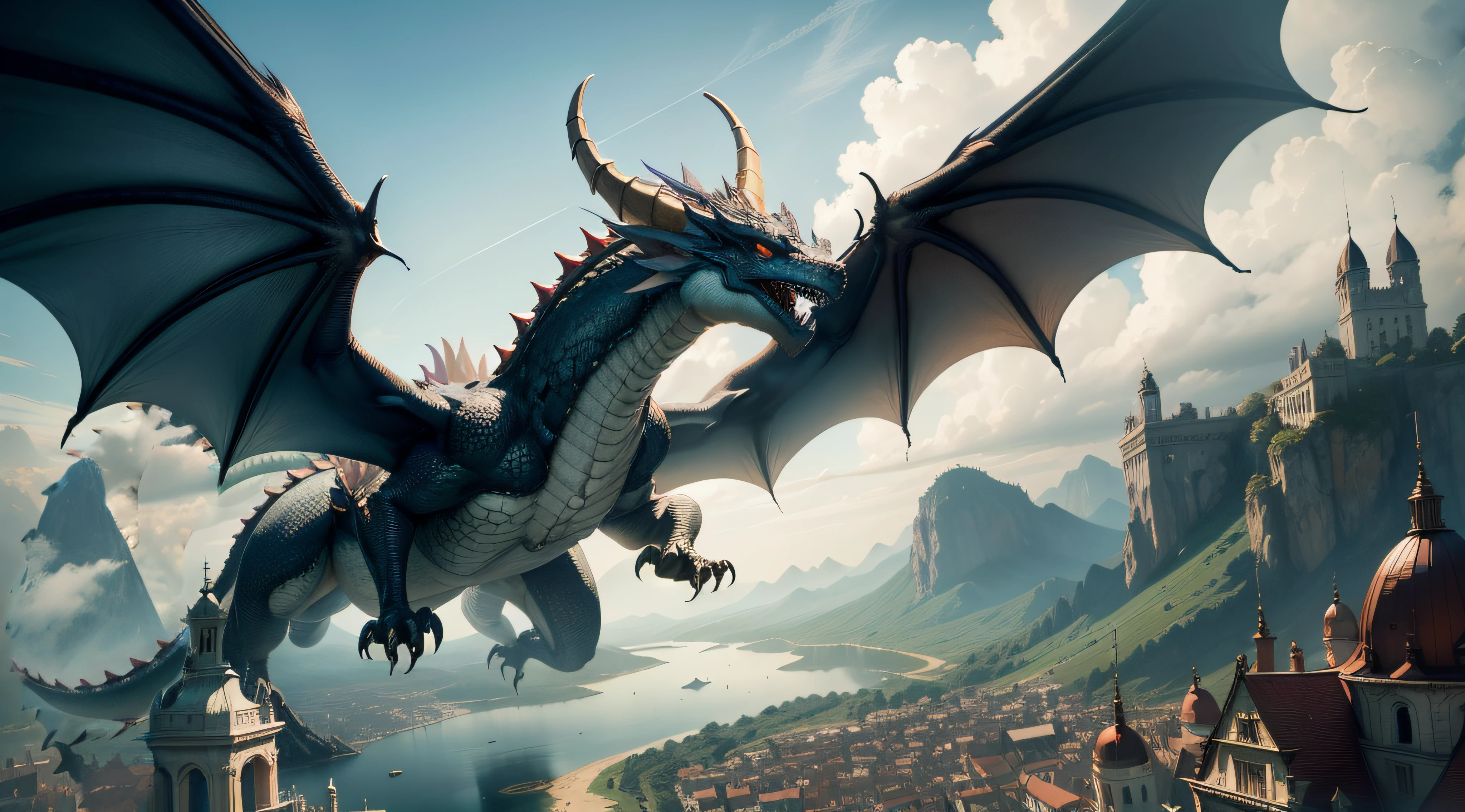 Change to mountain that matches the landscape in the background. Furthermore, The dragon's tail must be seen in front as it, is in the foreground.