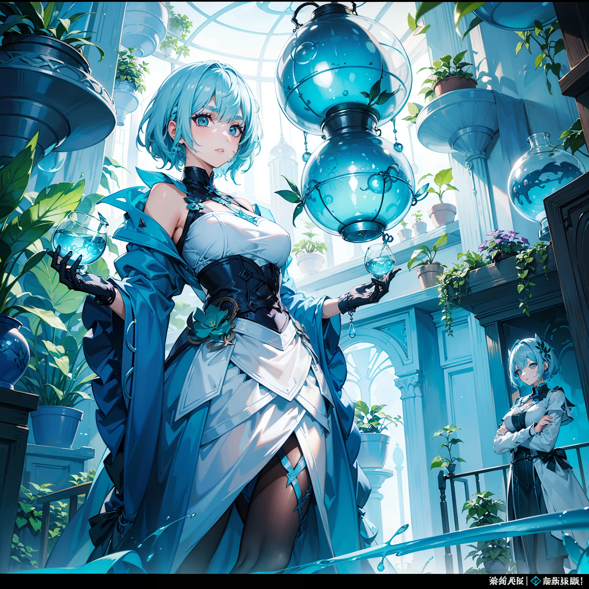 Woman with short light blue hair、Growing Plants with Magic、plant magic、Botanist、research、plant monster、beakers、Sharp Eyebrows、big eye、Dark eyelashes、Blue-based makeup、（highestdetailed）、（Highest image quality 8K）