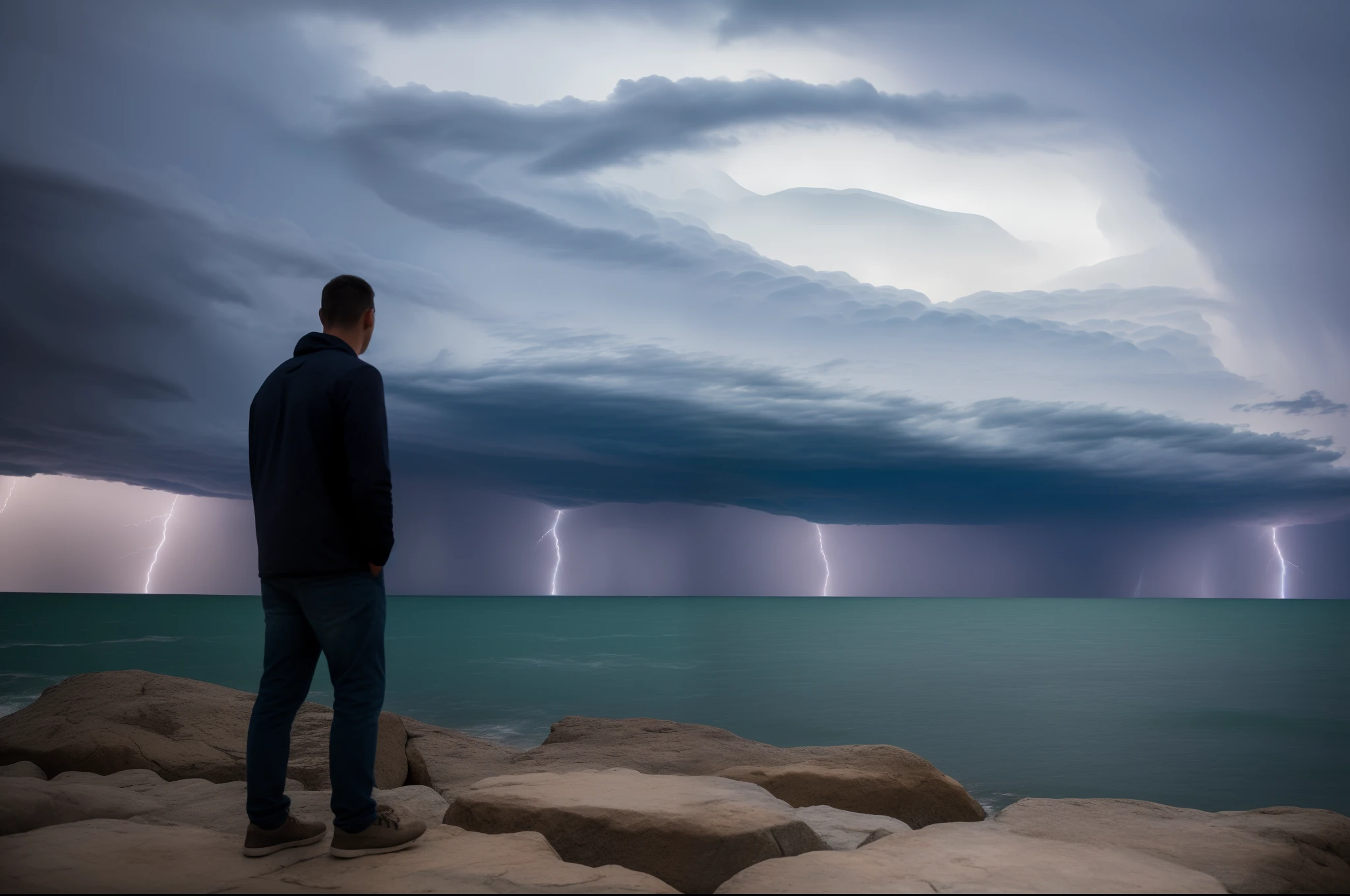 Thunderstorm weather,A man dressed in gray is by the sea,The atmosphere is black