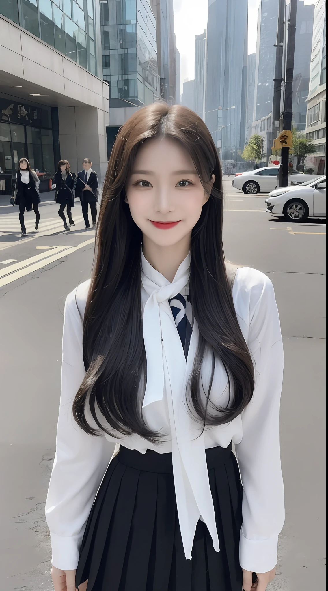 (1 Korean star with royal sister style), ((Best quality, 8K, 巨作: 1.3)), focal point: 1.2, Perfect body proportions: 1.4, (Make a smile), Watery eyes, Highly Detailed Face and Skin Textur, Fine eyes, Double eyelids, Whitens the skin, (Shawl straight hair: 1.3), (face round: 1.5), (校服: 1.6), (Medium-thickness stockings: 1.4),(Uniform style:1.4),(the street:1.3)