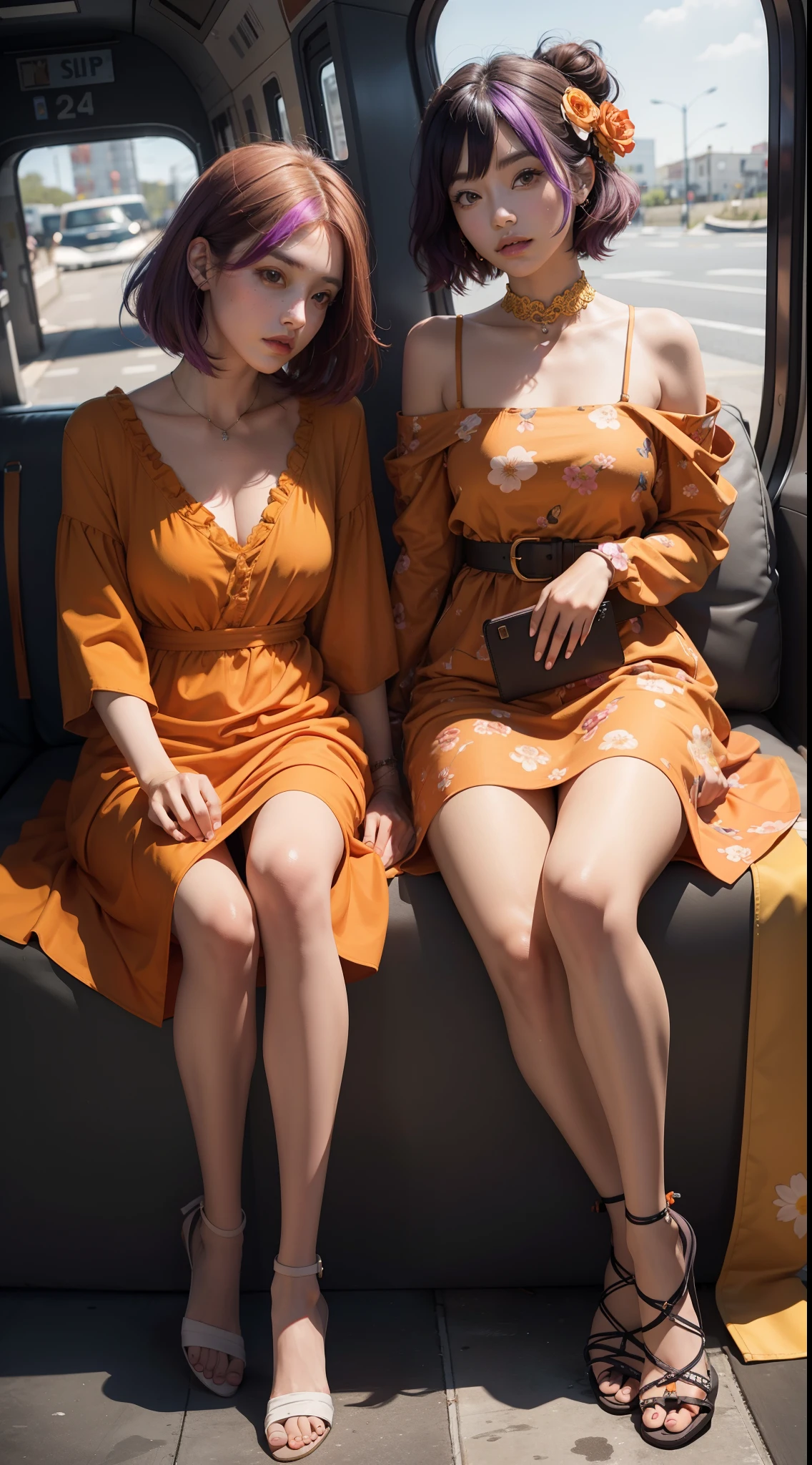 concept-art，Elevation viewing angle，Dressed in funny Somali dark orange Pinafort，Brunette is styled as short hair，fluorescent purple Hair tie，Equirectangular columnar 360，A high resolution，[（The art of Willie Baumeister：1.1），（John T.Biggs' art：1.2）：：17]，offcial art，Unity 8k壁纸，ultra - detailed，Aesthetics，tmasterpiece，best qualtiy，realisticlying，Whole-body localization，Maillard costume，Orange dress，Floral dress，The flowers on the skirt are of many colors，Long legs，Two twin sisters，Two sisters sat side by side，Metro scene，delicated face，Looks ladylike，20-year-old look，