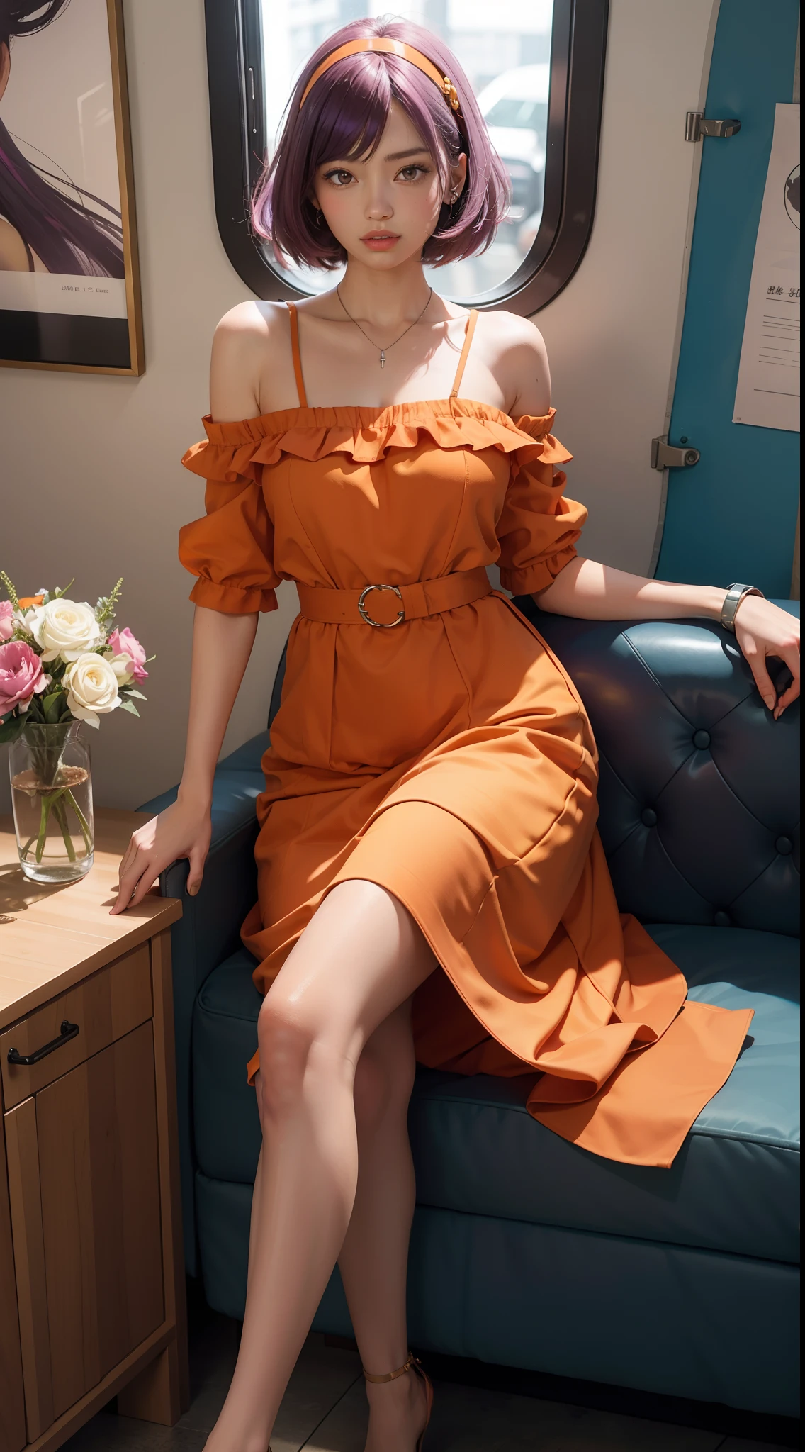 concept-art，Elevation viewing angle，Dressed in funny Somali dark orange Pinafort，Brunette is styled as short hair，fluorescent purple Hair tie，Equirectangular columnar 360，A high resolution，[（The art of Willie Baumeister：1.1），（John T.Biggs' art：1.2）：：17]，offcial art，Unity 8k壁纸，ultra - detailed，Aesthetics，tmasterpiece，best qualtiy，realisticlying，Whole-body localization，Maillard costume，Orange dress，Floral dress，The flowers on the skirt are of many colors，Long legs，Two twin sisters，Two sisters sat side by side，Metro scene，delicated face，Looks ladylike，20-year-old look，