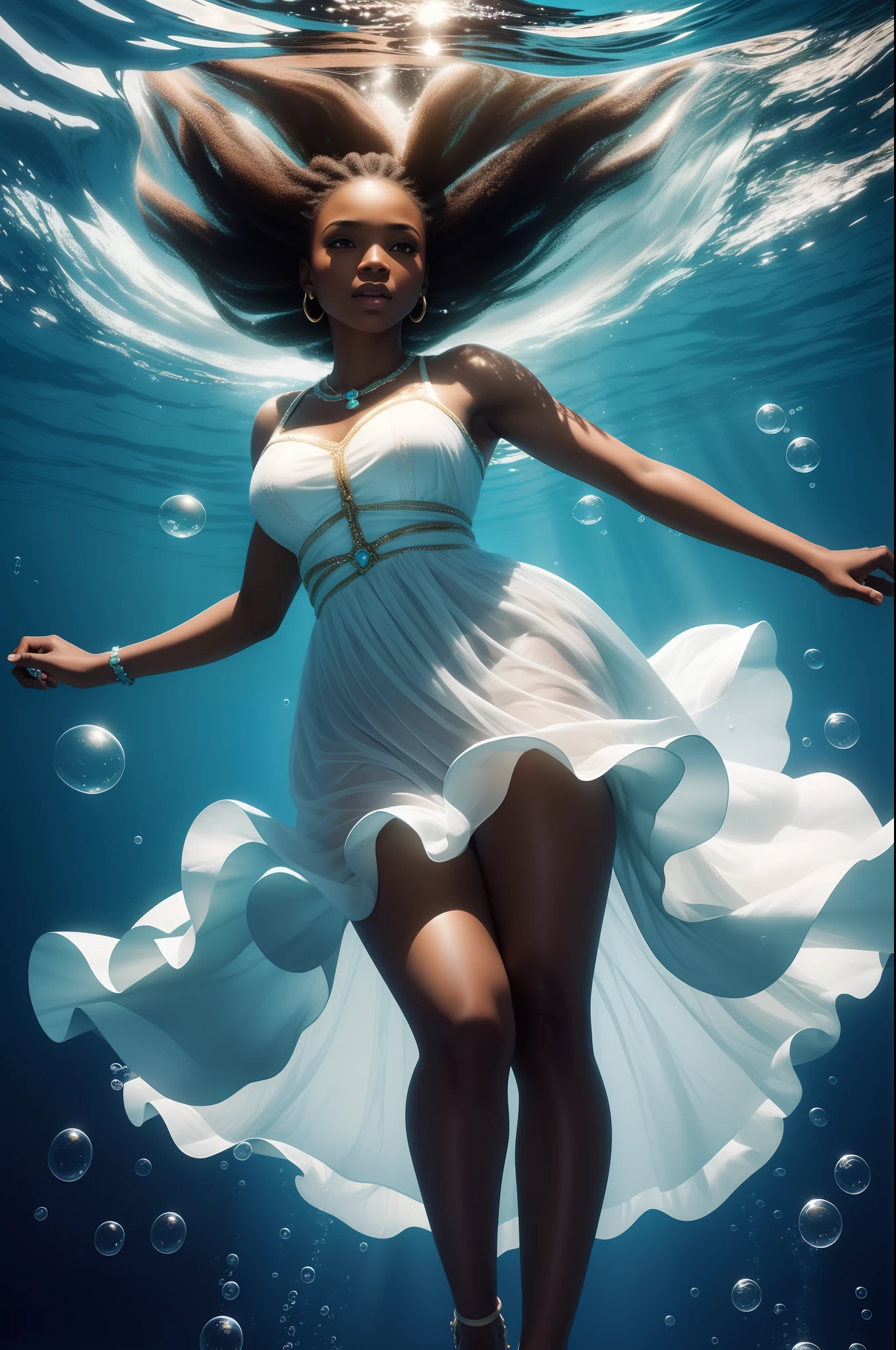A beautiful African American woman gracefully gliding through the depths of the ocean, her dress billowing around her like a cloud of bubbles