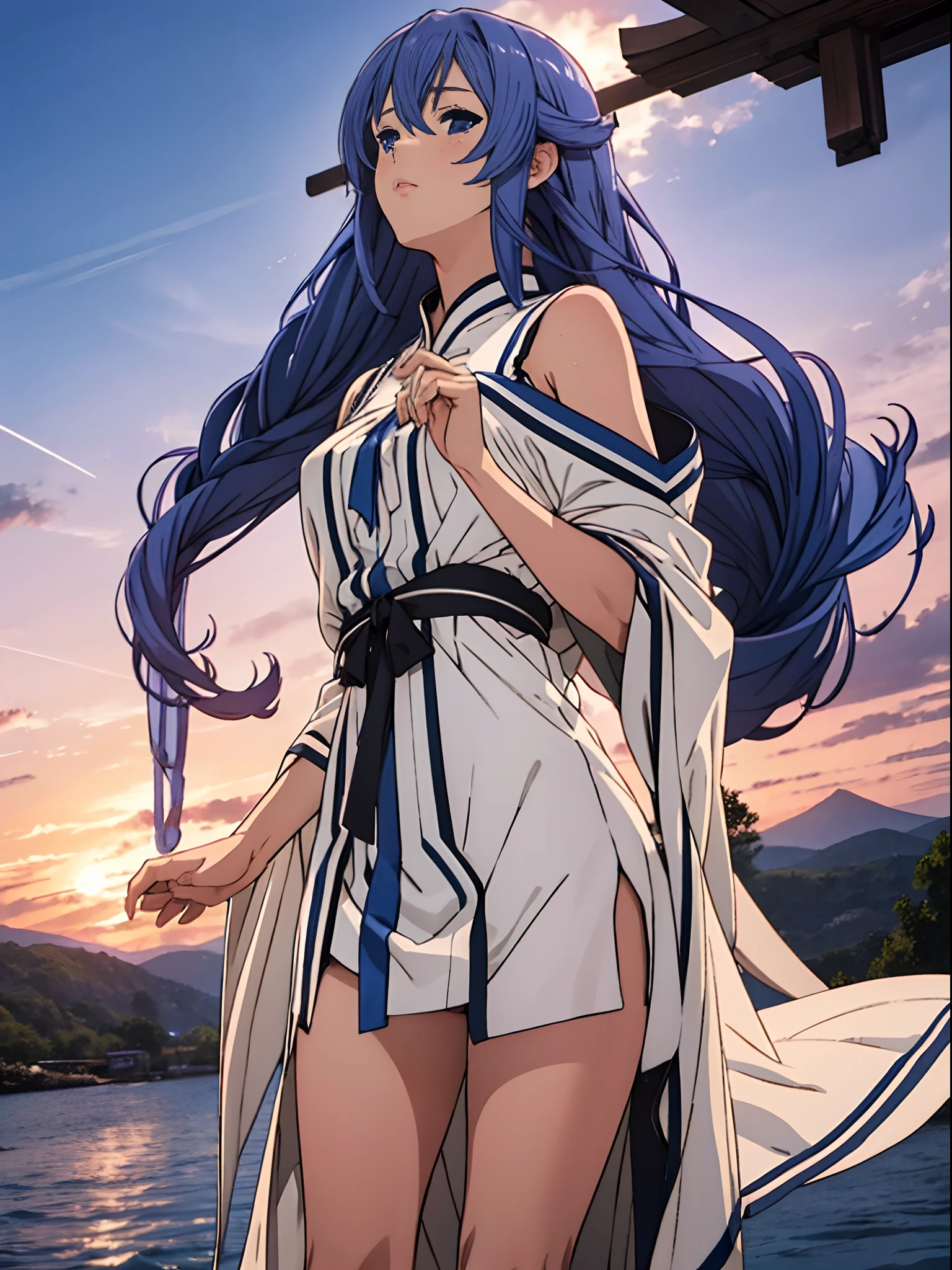 （Enrich the picture，Masterpiece level quality）Beautiful 8K CG artwork，Goddess-like posture，sittinng on the river，Postural exercises，Slim and soft，Translucent skin，Blue hair、The beauty of extra-long hair, Super Long Straight Hair，The skin is fair and juicy，Underwear uniforms，Perspective Part 1.2x enhanced silhouette effect，Exquisite transparent blues pattern in pajamas，The details are intricate and exquisite，The background is slightly blurred，Charming and lustful leg seduction，Drool，J-CUP oversized，Blush，Japan goddess，Perfect body slim curves，Scene by the sea，