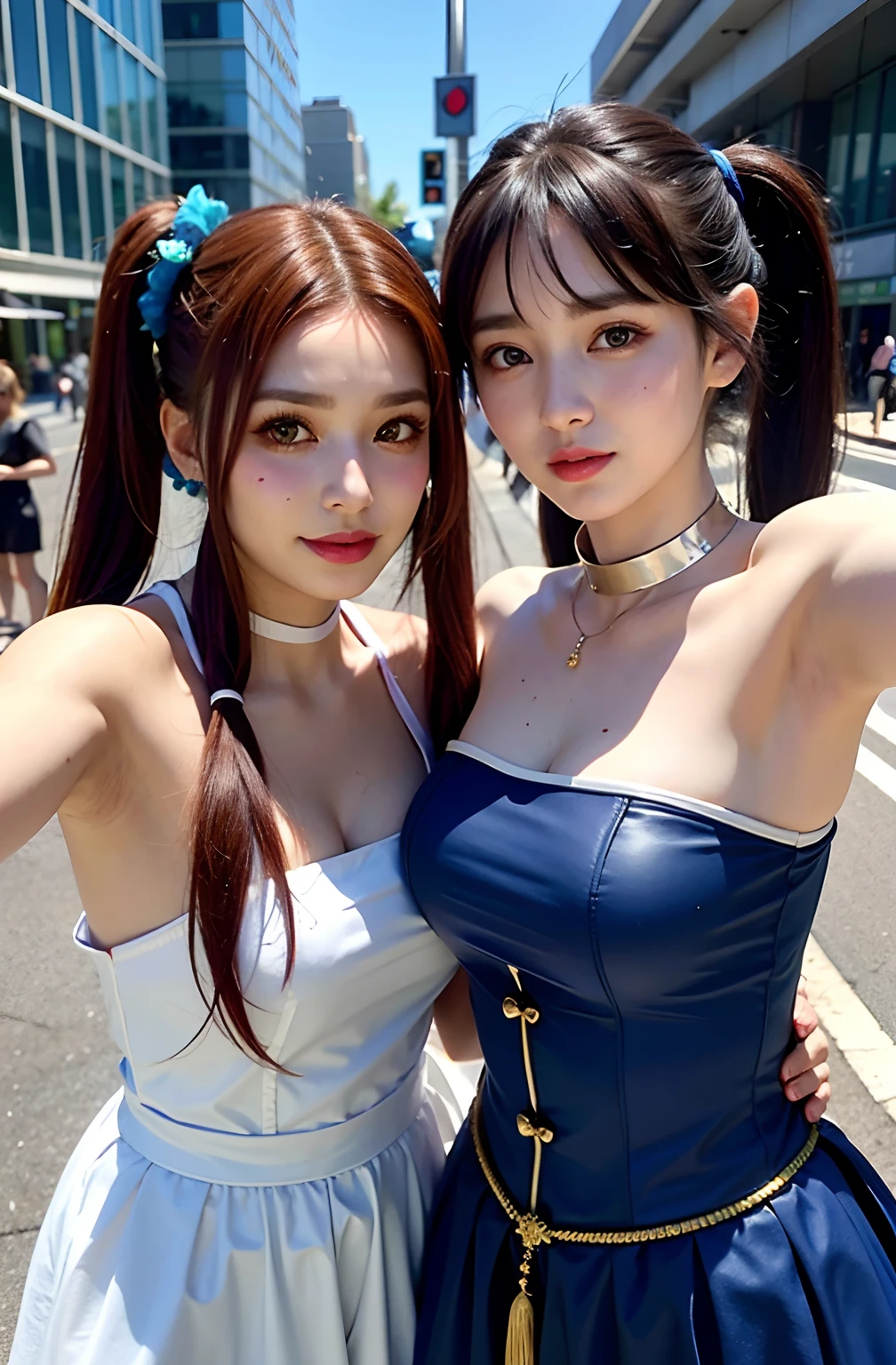 shukezouma, rendering by octane, hdr, (ultra - detailed:1.15), (Soft light, Sharp:1.2), (((duo,Two women in costume take selfies on the street,colorful pigtail, anime cosplaying,))),Beautiful girl, hyper detail eyes, mature, Painting drops, paint teardrops, woman made up from paint, entirely paint, splat, Splash, Long colored hair,paint bulb,paint drops, Exposed shoulders, Tears,shoulders are visible, Thighs exposed, seminude, focus onface, Beautiful face, eye shadows, Dark circle contour,mascara, Beautiful, 18yr old