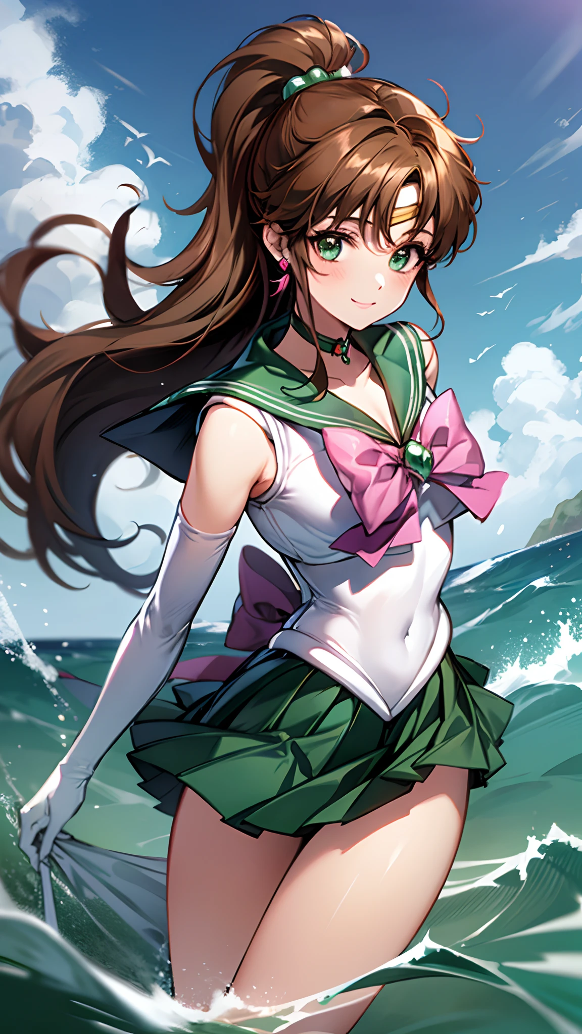 Masterpiece, Best Quality, High Resolution, 1girl, Solo, Sailor Jupiter, Sailor Jupiter Uniform, Wind Blowing, ((Single Ponytail)), (White Elbow Gloves), Headdress, Green Pleated Skirt, Pink Bow, (Green Sailor Collar), Brown Hair, Jewelry, Earrings, Smile, Background Meadow, Blue Sky and White Clouds, Sea, Front, Full Body, Waves, Thin Legs, Sailor Sensi Uniform,