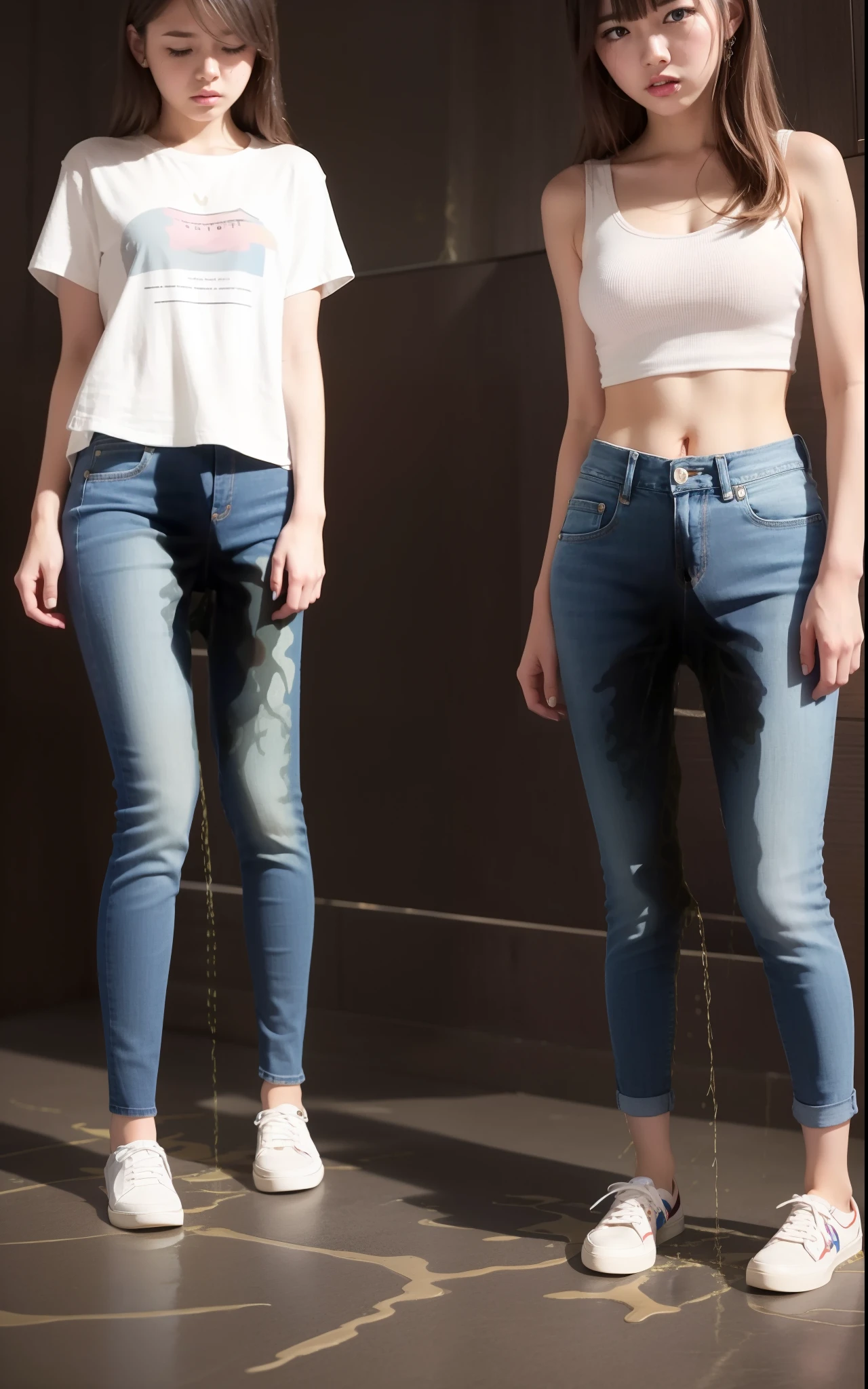 masterpiece, 8K, realistic, highly detailed, highres, best quality, detailed face, (3girls), 20 years old, (blue jeans pants), full body, blush, worried, park, ((((((pee stain))))))