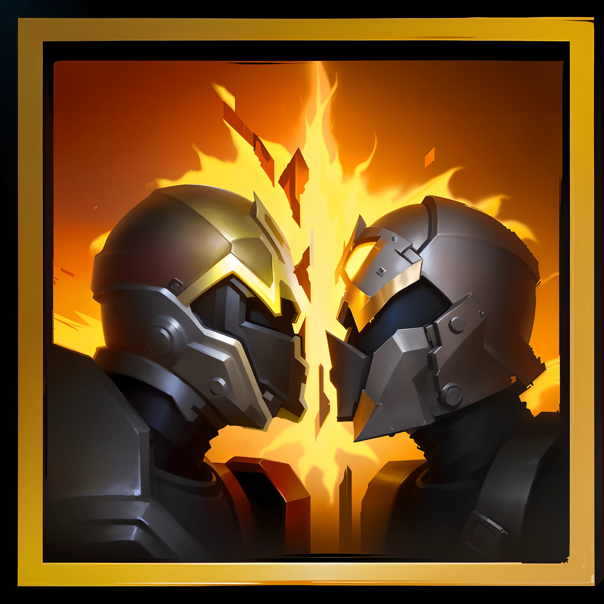 Draw two helmets，The background is flames, epic legends game icon, Splash Art, game icon stylized, intense battles, intense battles, molten, character icon, Avatar image, epic game portrait, Stylized art, dramatic artwork, Game icon, Soyuz, artist unknown, merging, facing off in a duel, mage duel, Intense combat, duel