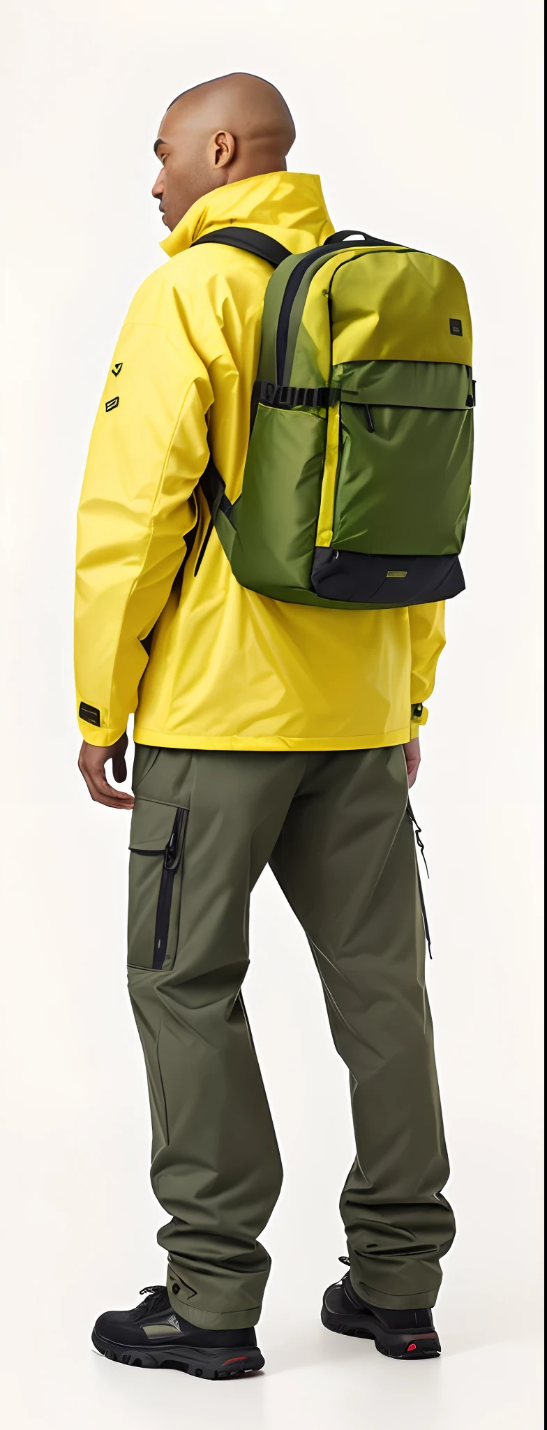 Man in yellow jacket and green pants with backpack, um homem usando uma mochila, usando equipamento de aventura, roupas de caminhada, 🤬 🤮 💕 🎀, Vista de altura total, com uma mochila, saco sobre a cintura, Techwear Look e Roupas, esquema de cores amarelo e oliva, imagem vazada, pano de fundo, trending on r/techwearclothing