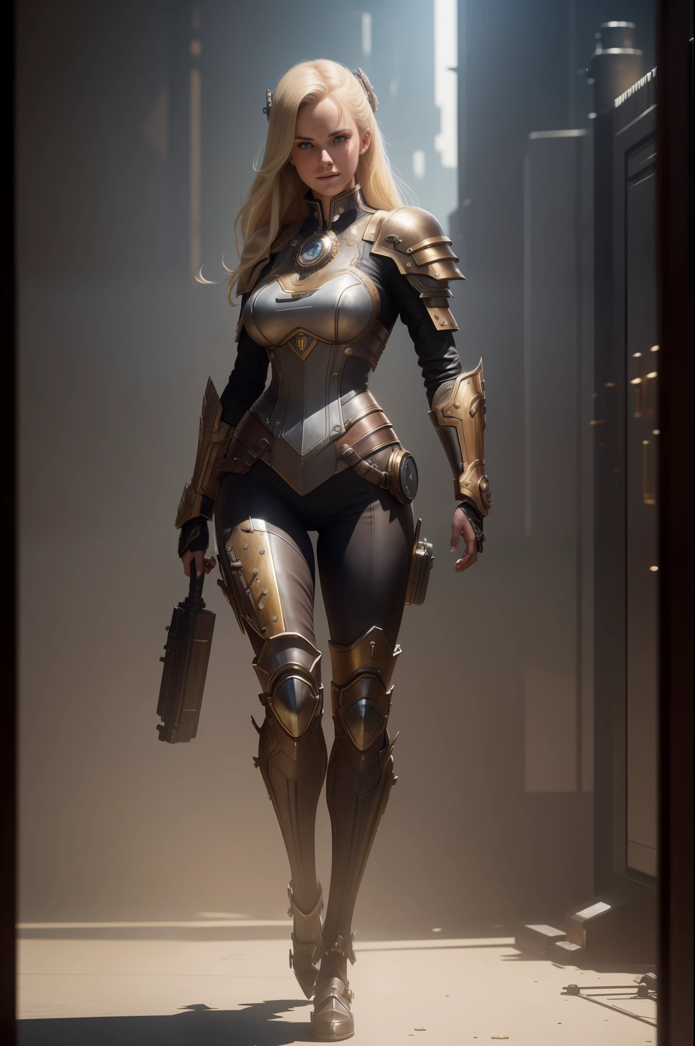 ((FULL BODY)), best quality, masterpiece, (photorealistic: 1.4), RAW photo, 8k, BLONDE GIRL WITH SHOULDER PADS OF STEEL STEAMPUNK, trending on artstation, sharp focus, studio photo, intricate details, highly detailed, by greg rutkowski