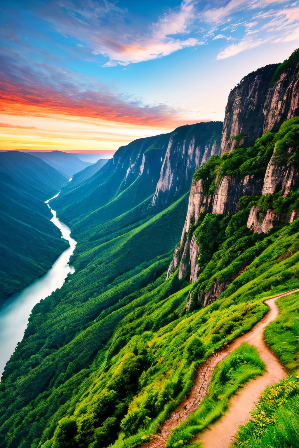 Masterpiece, ultimate quality, Cg unity 8k wallpaper, super delicate, beautiful sky and clouds, rich natural scenery, cliffs, lakes and rivers, waterfalls and flying water, beautiful green mountains, no trace of people, excellent scenery, has already won a photo contest, background Blurring, full depth of field, HDR high dynamics, true restoration, intricate, extreme details, dramatic presentation, perfectly presenting the style of midjourney art.