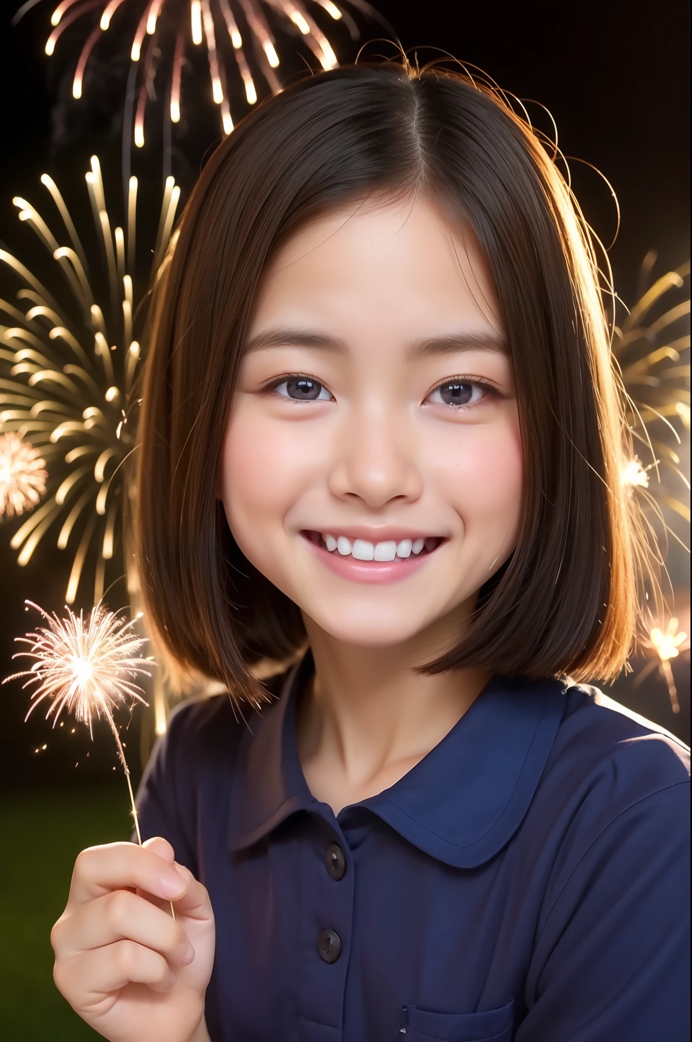A smile、a baby face、hi-school girl、While doing fireworks