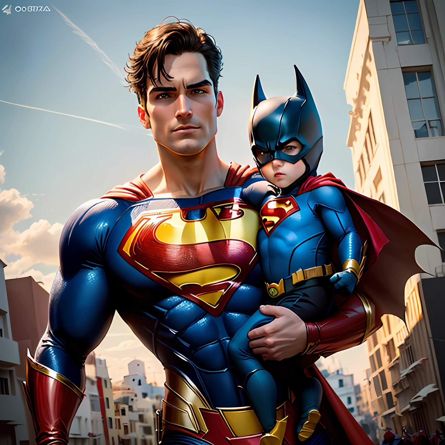 Homem gordinho fantasiado de Batman, -yead cosed as Superman, One-year-old c dres a flash, on top building, de costas, looking flag Greece, 8k, ultra realista, arte Pixar